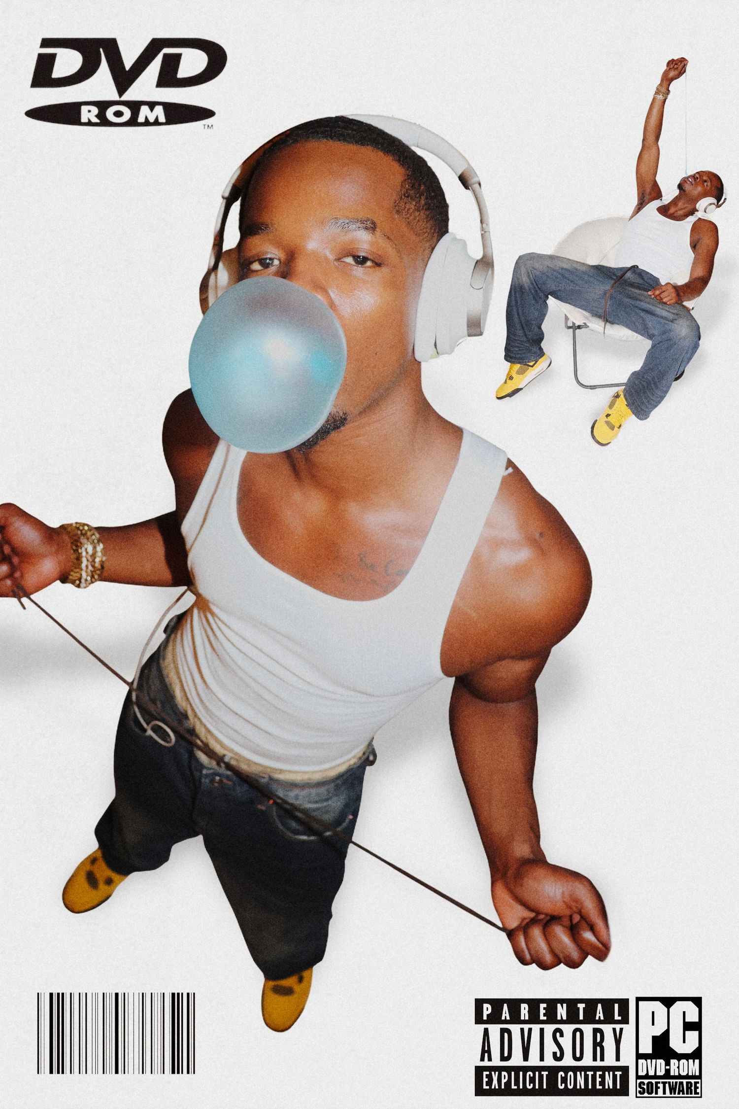 Young man blowing bubble gum bubble, wearing white tank top and headphones, styled as a DVD-ROM cover with parental advisory label.