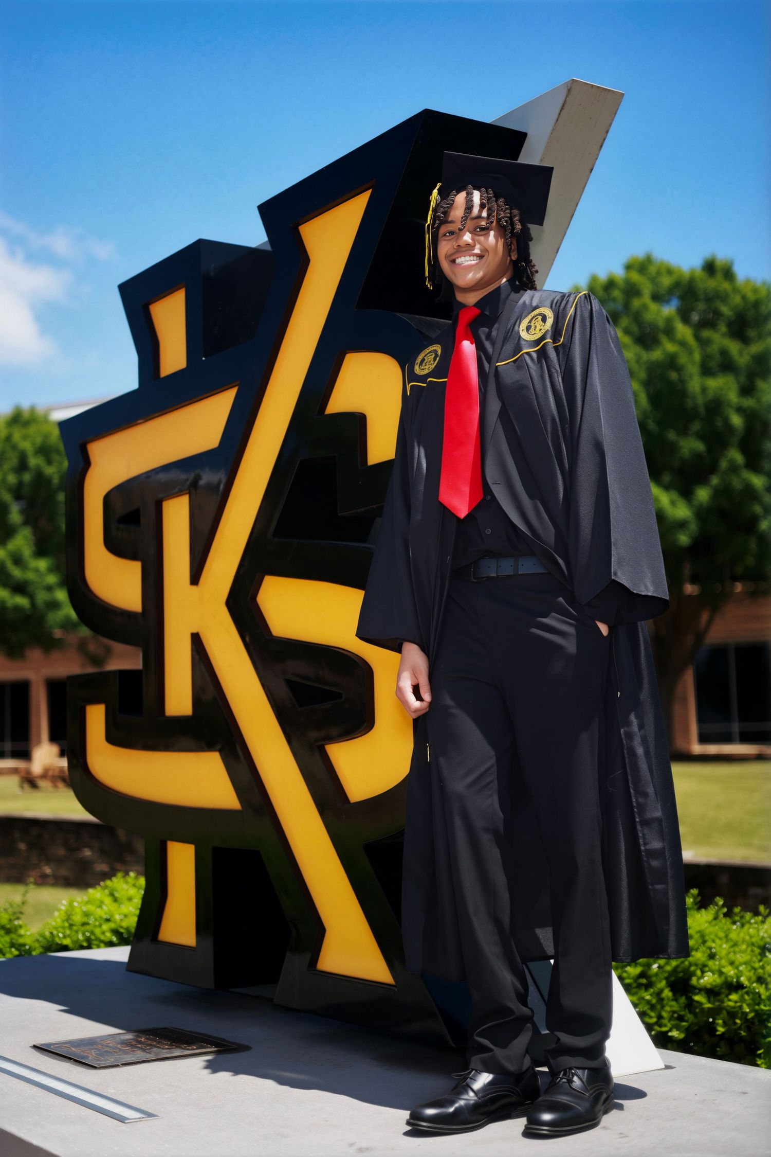 Graduate in black cap and gown with red tie poses proudly in front of Kennesaw State University KSU logo sign.