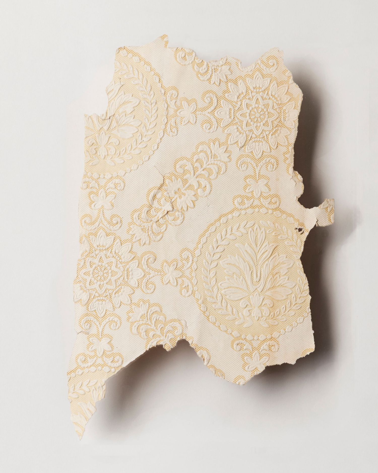 A fragment of wallpaper; cream with a lace pattern