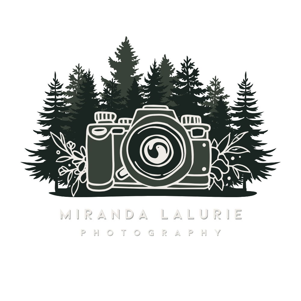 Miranda Lalurie Photography logo featuring a vintage camera surrounded by pine trees and floral elements in dark green tones.