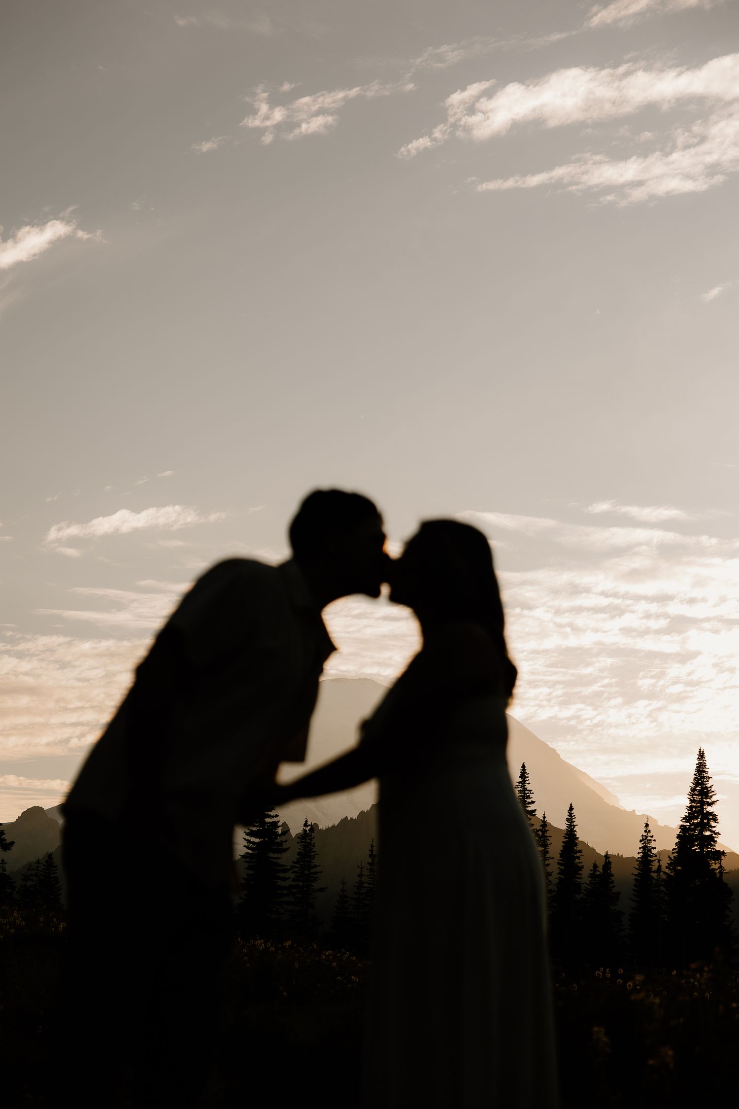 Silhouette of a couple sharing a kiss at sunset with mountain and pine tree backdrop.