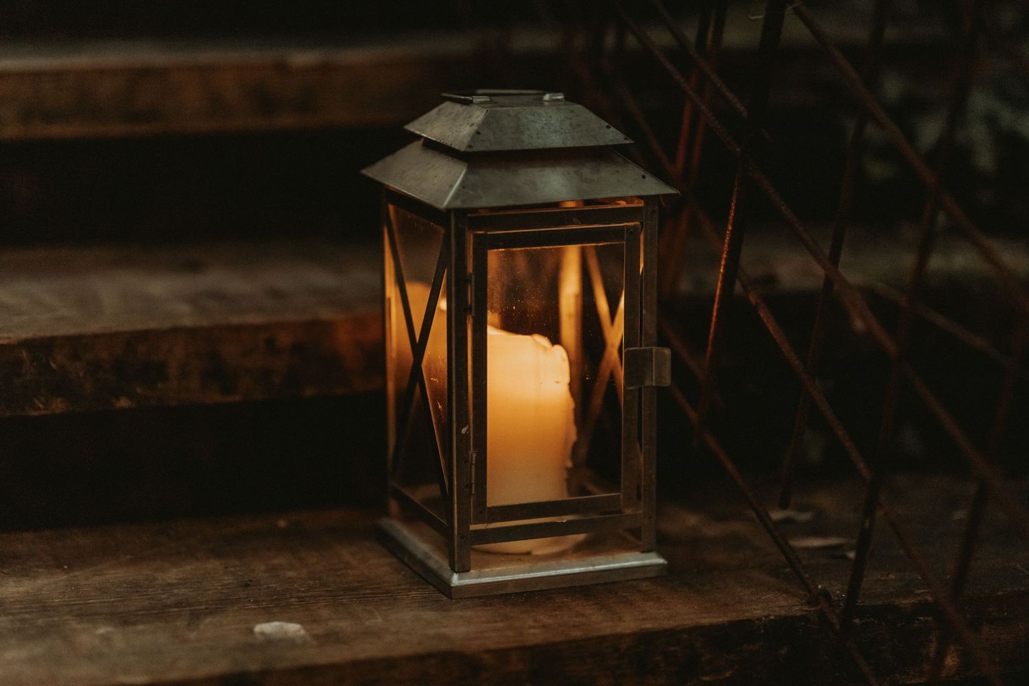 Candle lantern lit on step