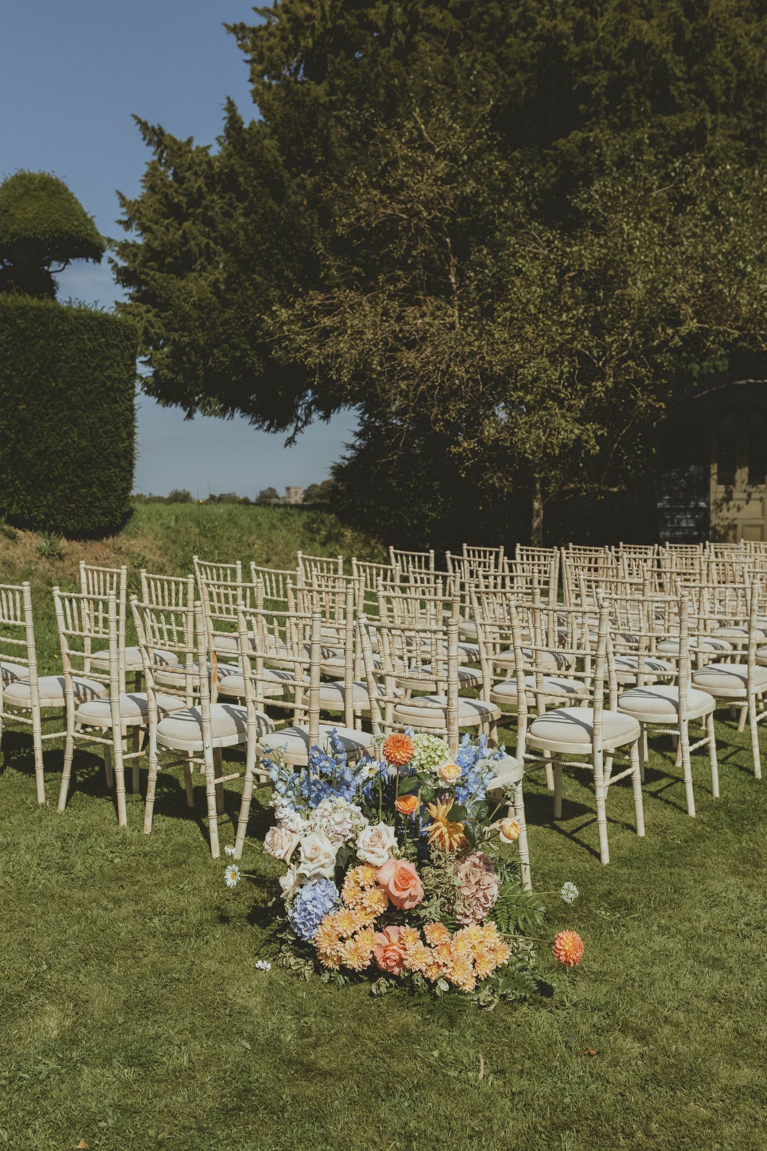 Outdoor ceremony space at Askham Hall in Penrith the Lake District on a sunny summers day.