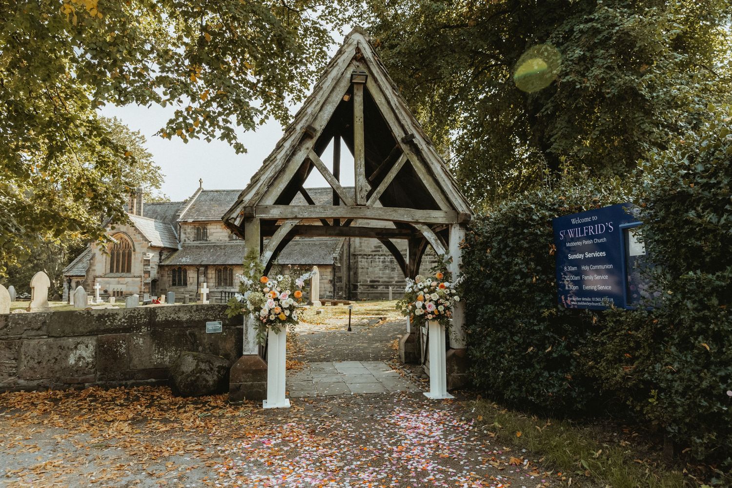 The outside of St Wilfrids church in Mobberley after guests have left for reception