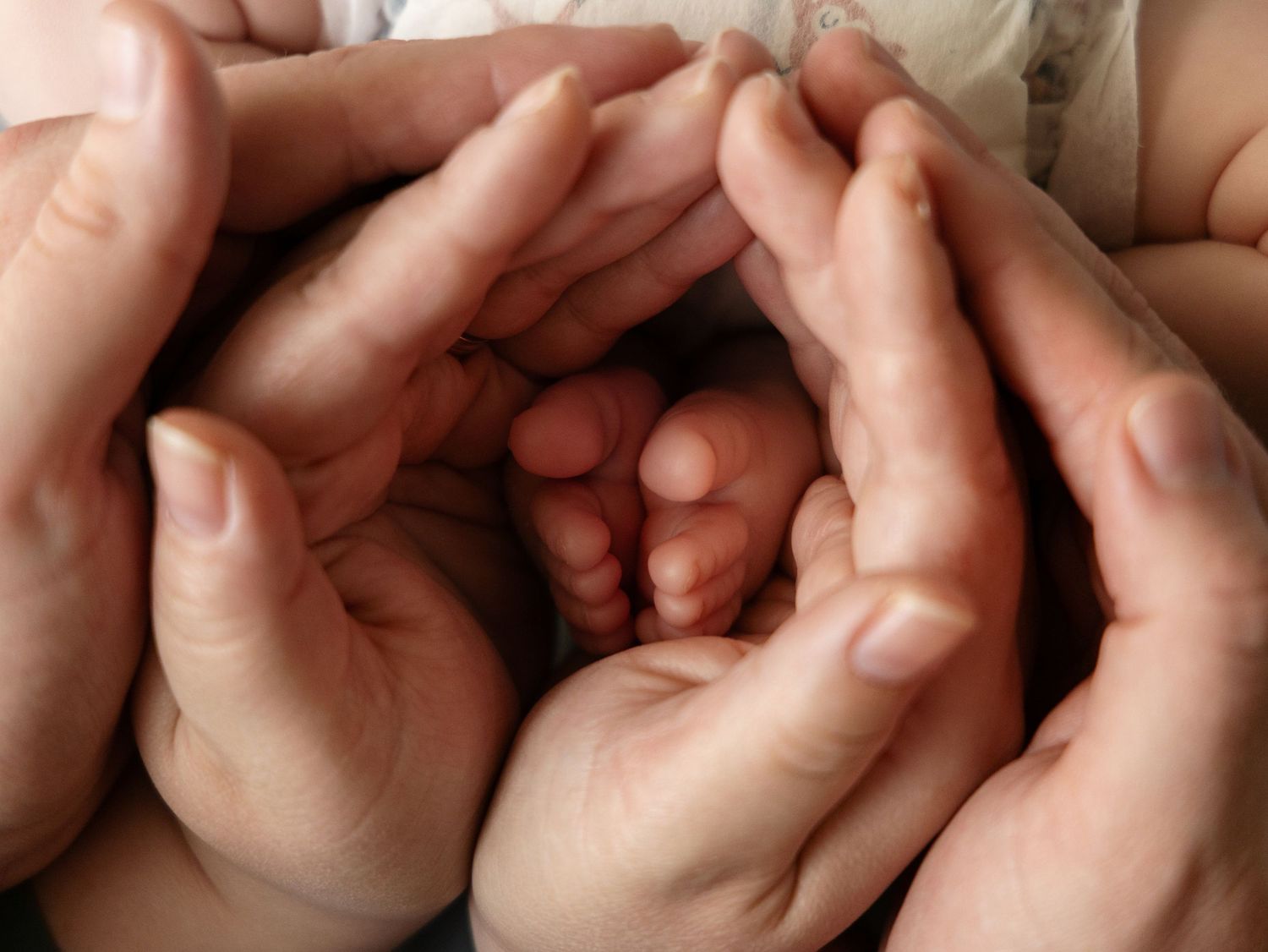 Parents and sibling hands cradling tiny newborn baby feet in loving family photo.
