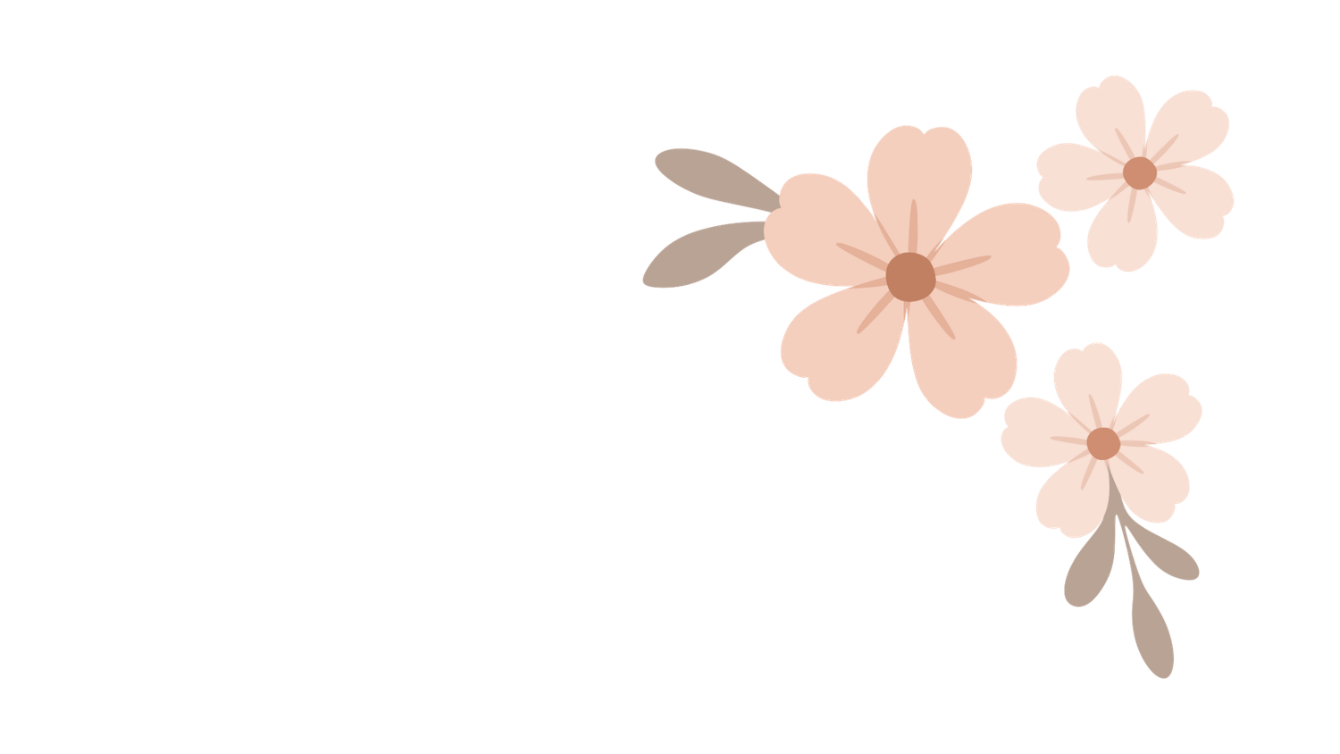 Two soft pink flowers with brown centers and gray-green leaves corner decoration.