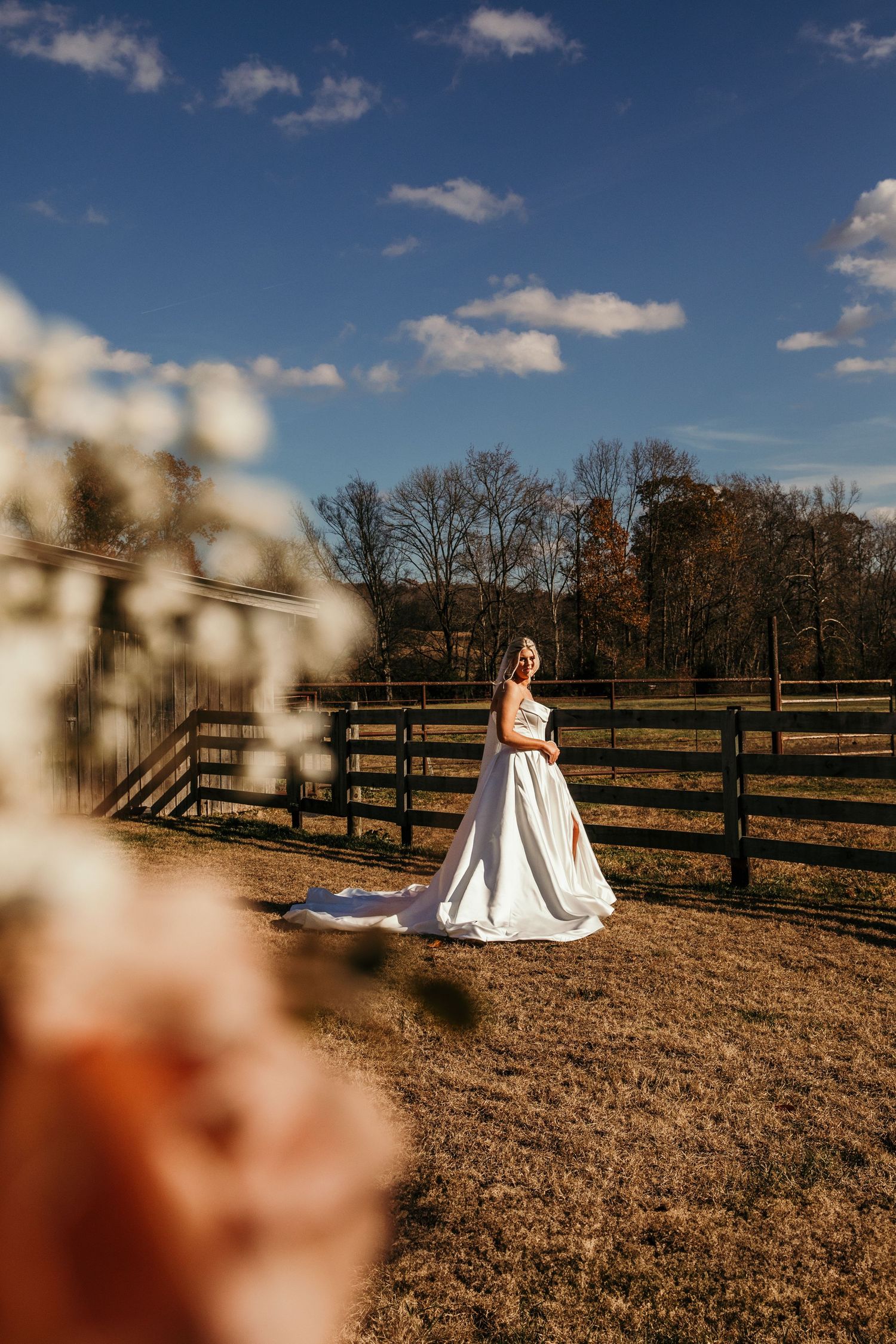 bridal portrait of bride in focus with bouquet