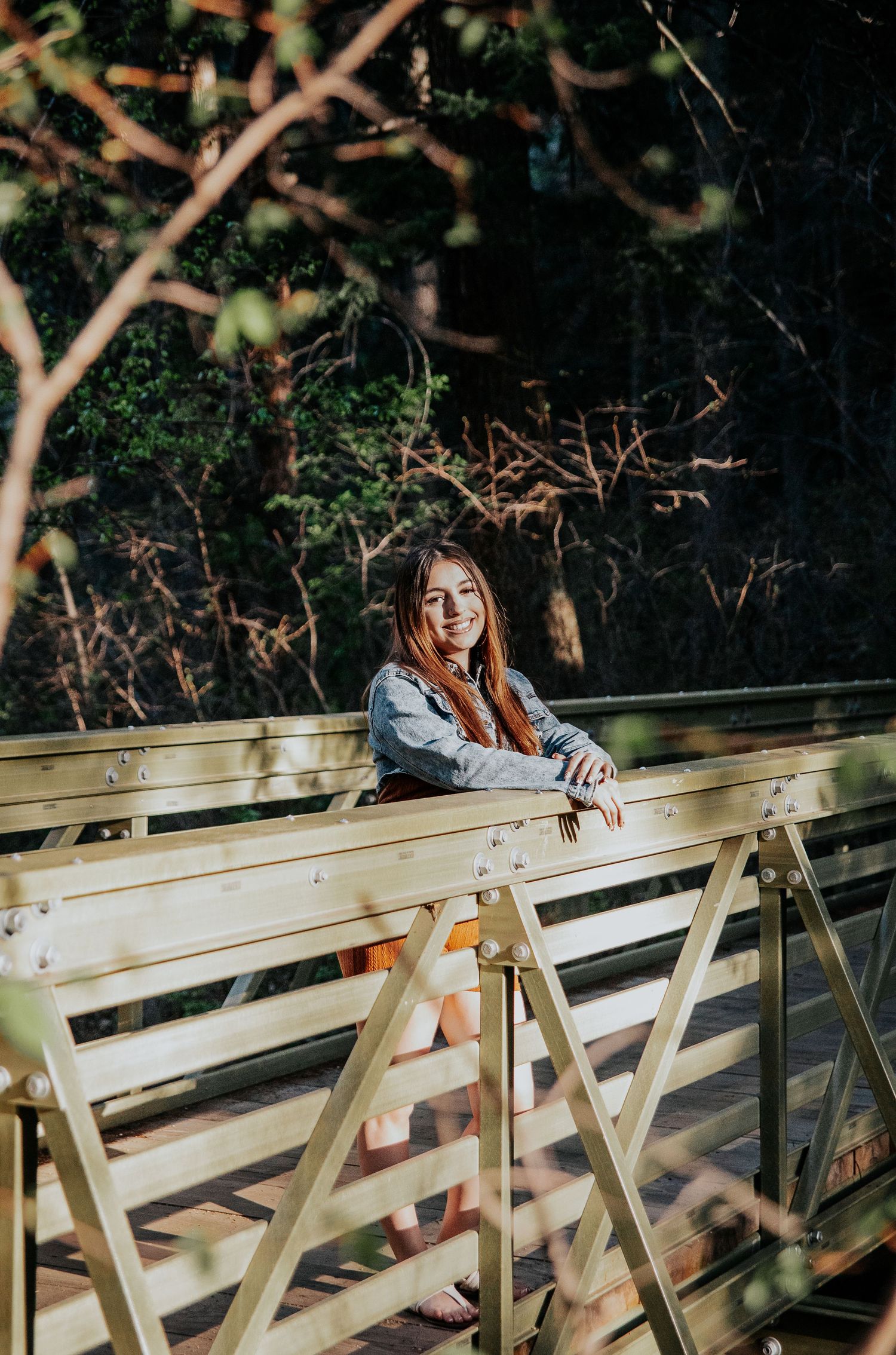 High school senior leans against a wooden bridge railing in a natural setting at North Cheyenne Canon in Colorado Springs
