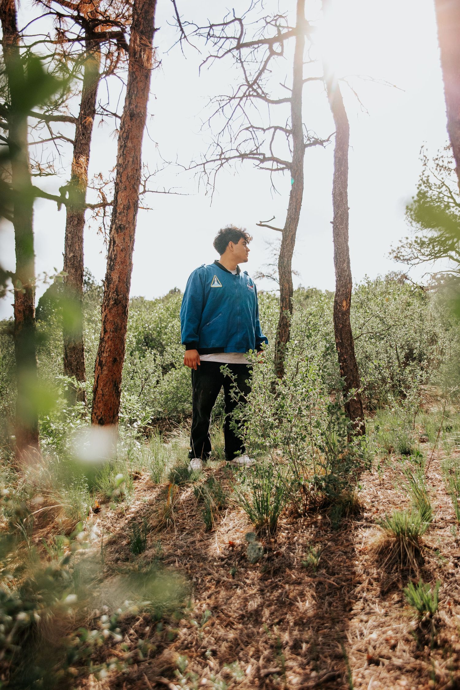 High school senior in blue jacket stands on forest trail surrounded by tall pine trees and underbrush at Palmer Park in Colorado Springs