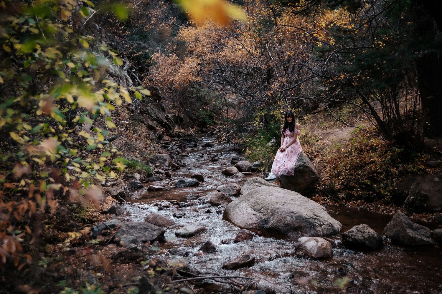 A scenic creek portrait with someone perched on a rock in a pink dress.