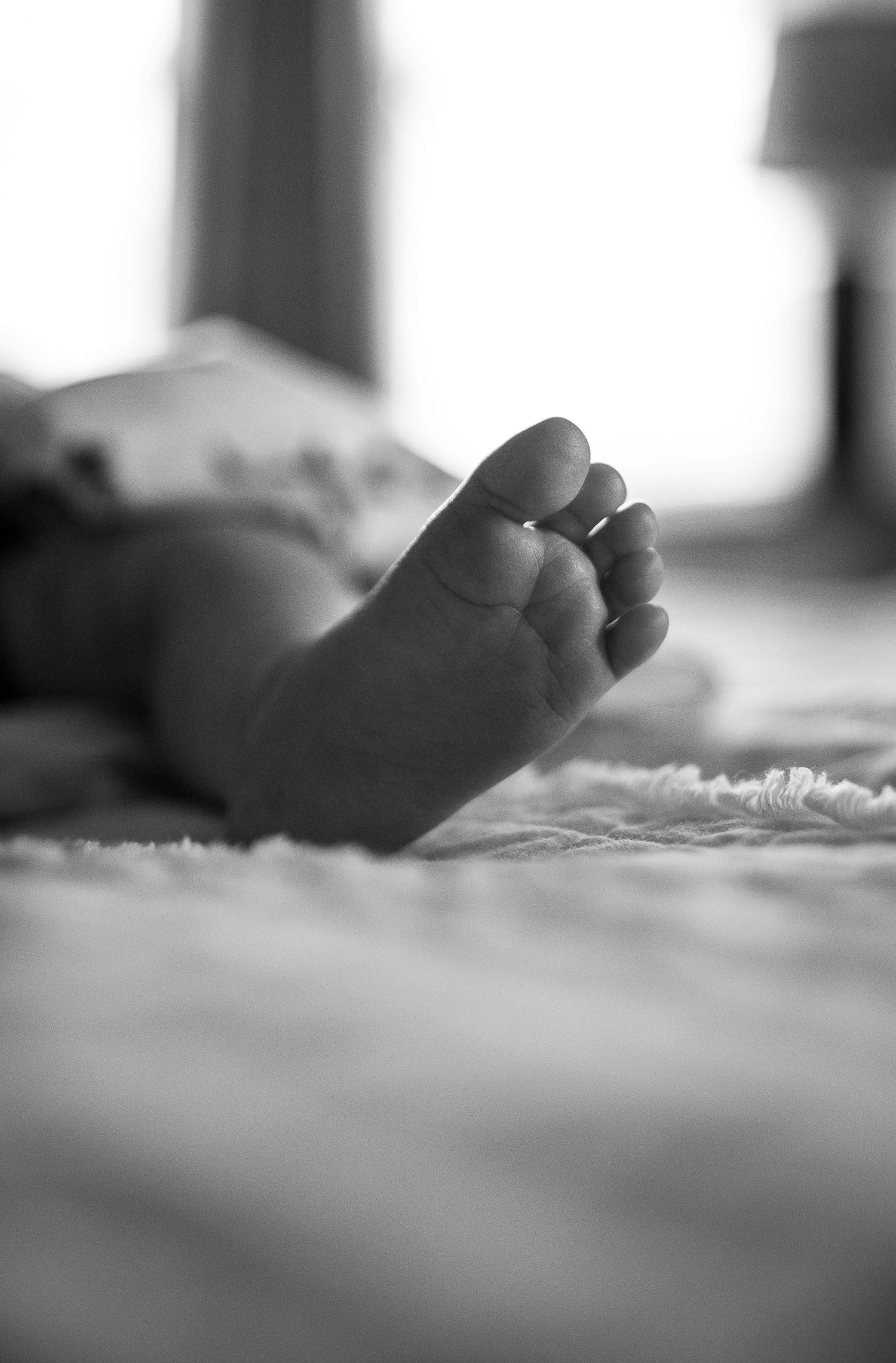 Black and white series of tiny baby feet resting on soft textured blanket.
