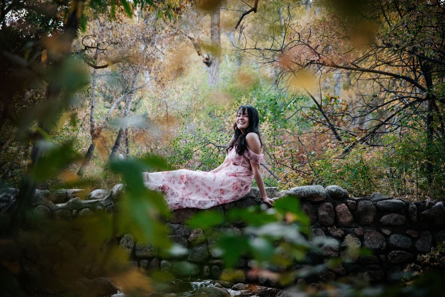 Artistic autumn photography with natural stone walls and filtered sunlight.