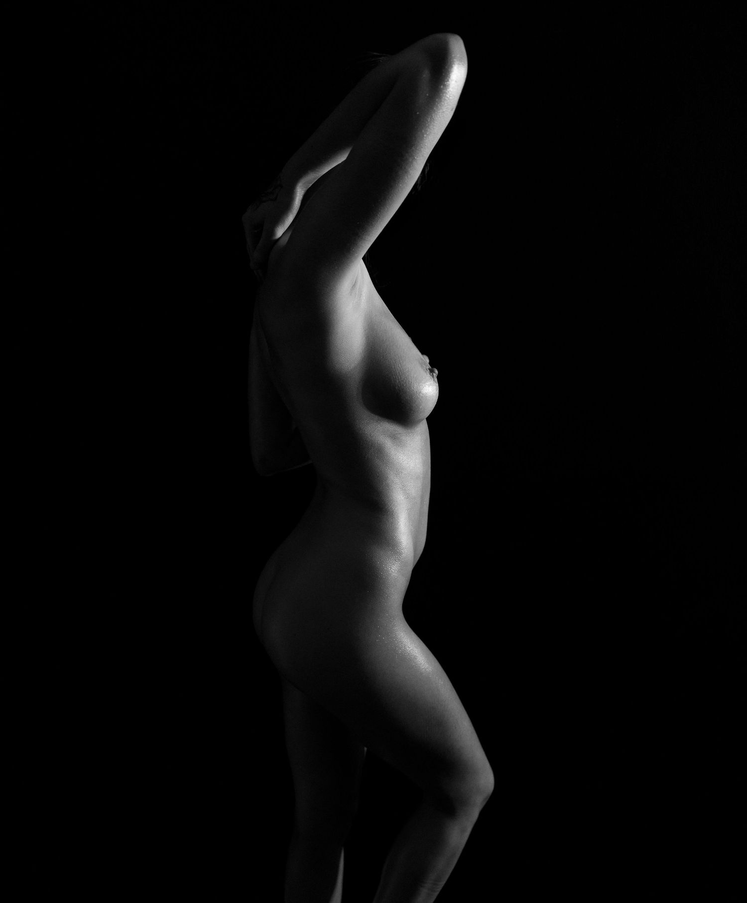 Black and white artistic nude boudoir body scape photo showing dramatic shadows and curves in a minimalist style.