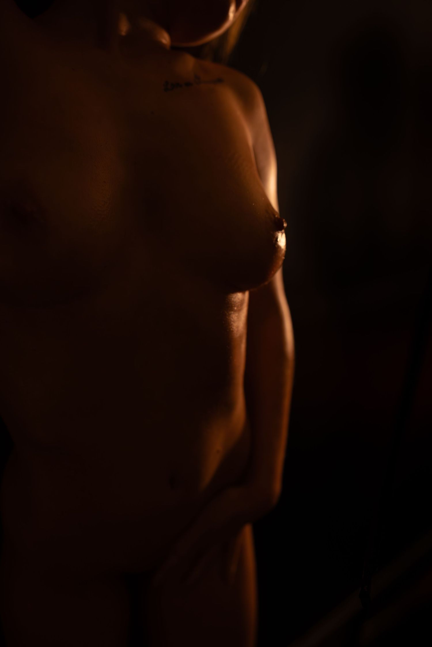 Artistic nude boudoir body scape photo showing a silhouetted woman's torso against dark background with dramatic lighting.