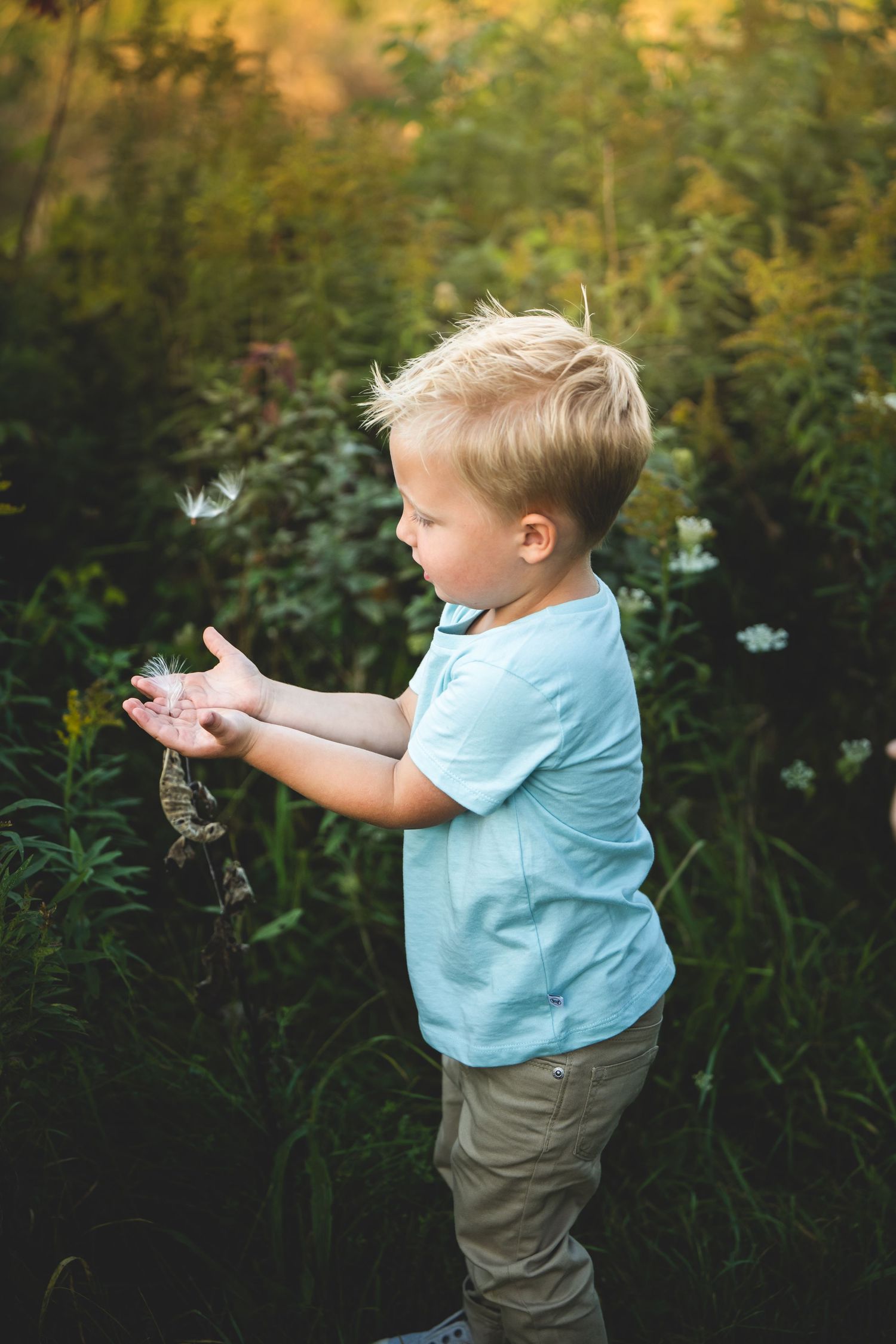 A child in a light blue shirt and khaki pants plays with dandelion seeds in a garden at golden hour.