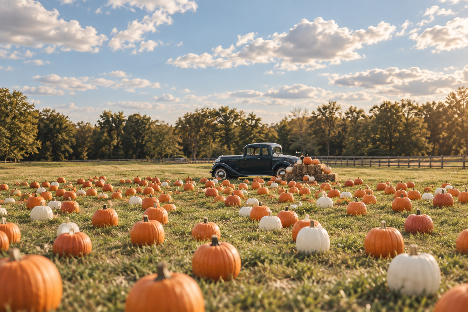 Pumpkin field with a vintage truck for fall mini sessions at Carm's Farm, NJ