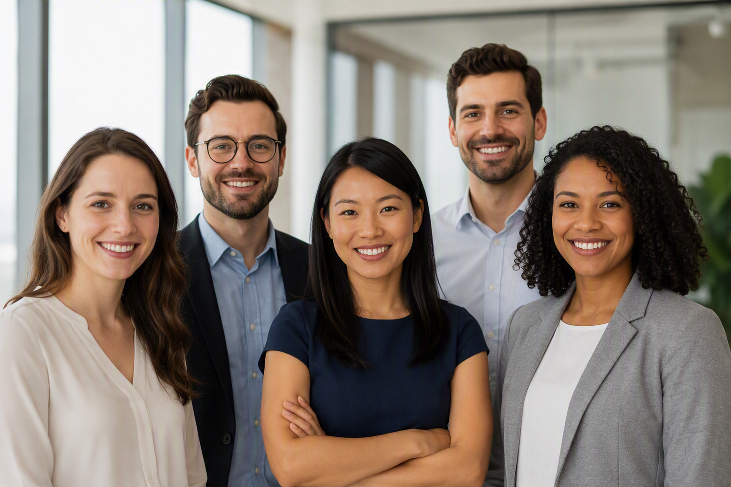 Diverse group of five smiling business professionals posing together in a modern office environment in Cayman Islands Grand Cayman, Cayman .