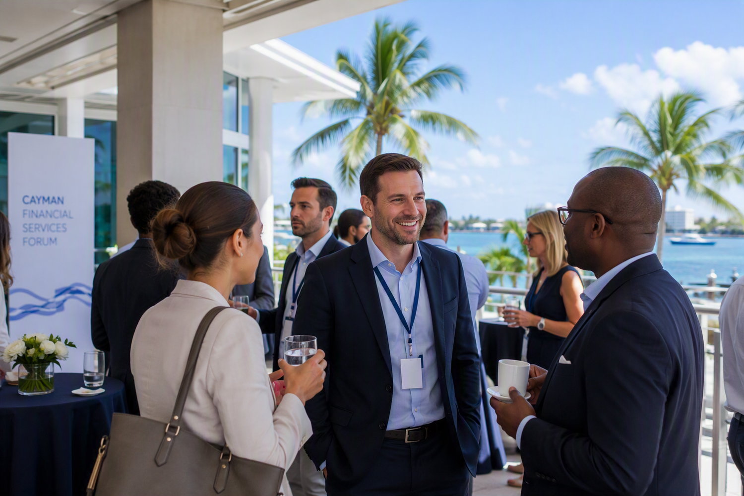 Professionals networking at Cayman Islands event outdoors, with palm trees and ocean views in background Grand Cayman, Cayman Islands.