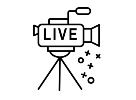 Black and white line art icon of a live streaming video camera on a tripod with decorative cross symbols.
