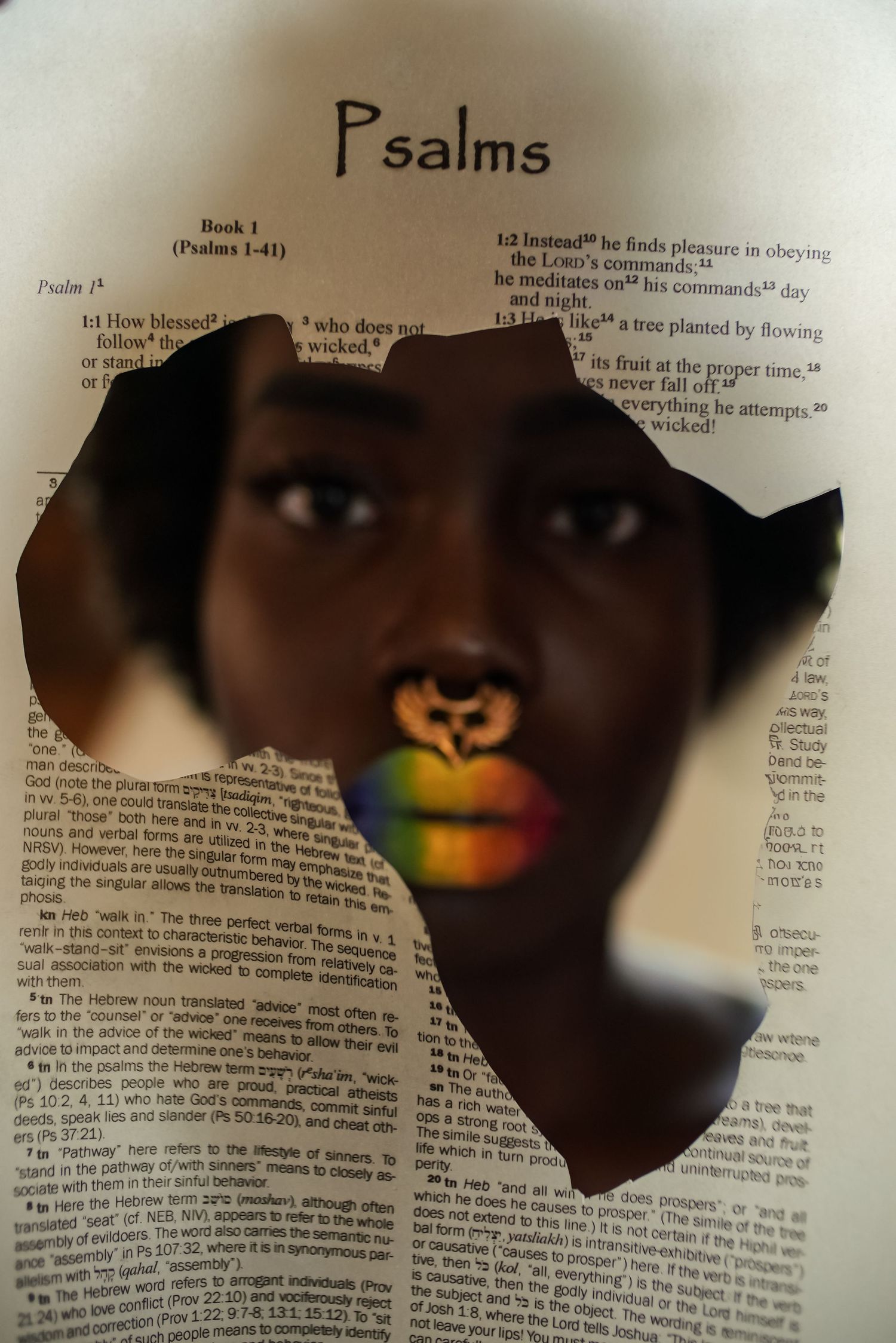 Art piece featuring a face on torn Bible Psalms page with rainbow-colored lips.