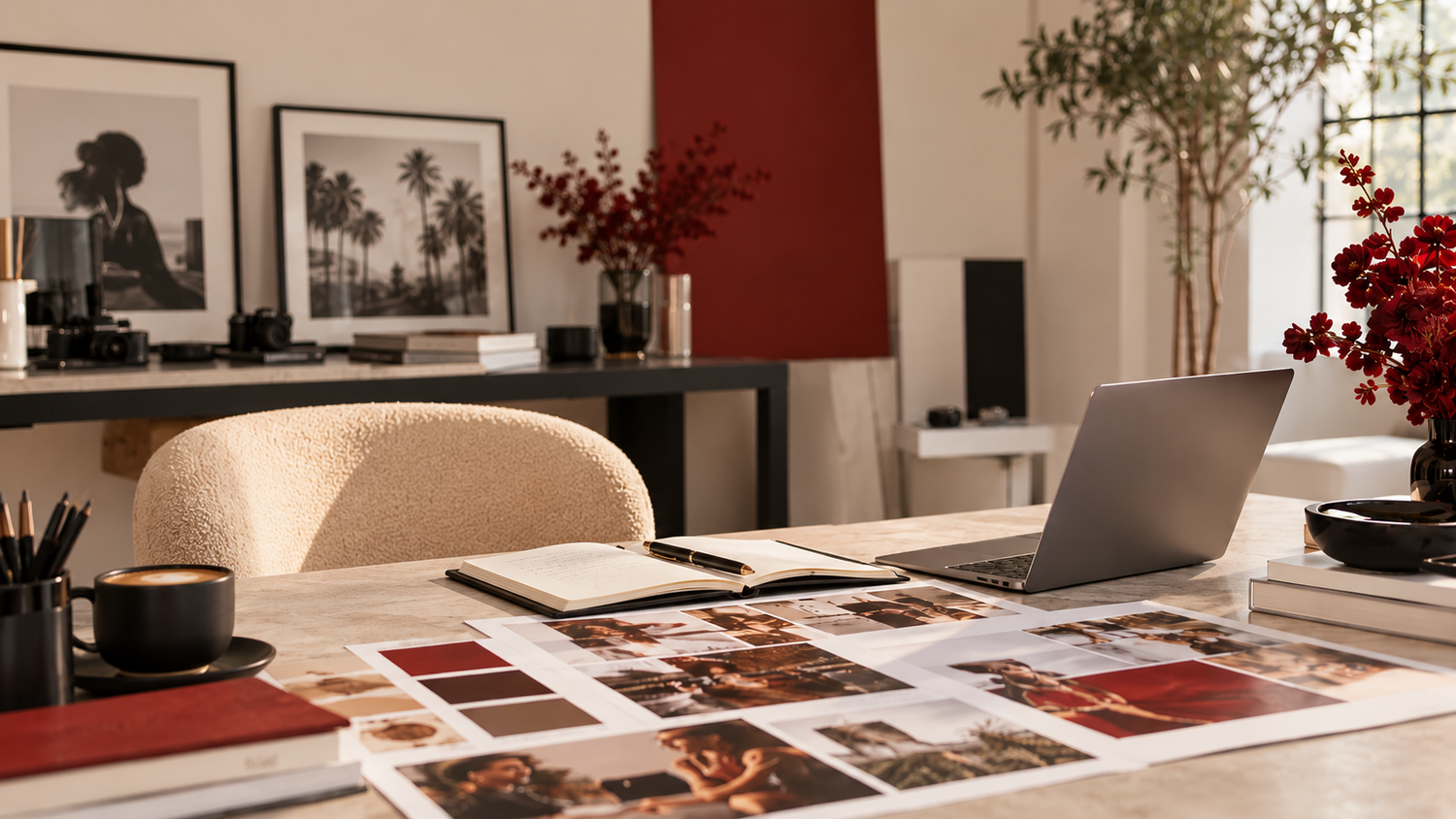 Stylish home office desk with an open laptop, scattered photo prints, a notebook, coffee cup, and framed palm tree art in a bright room.
