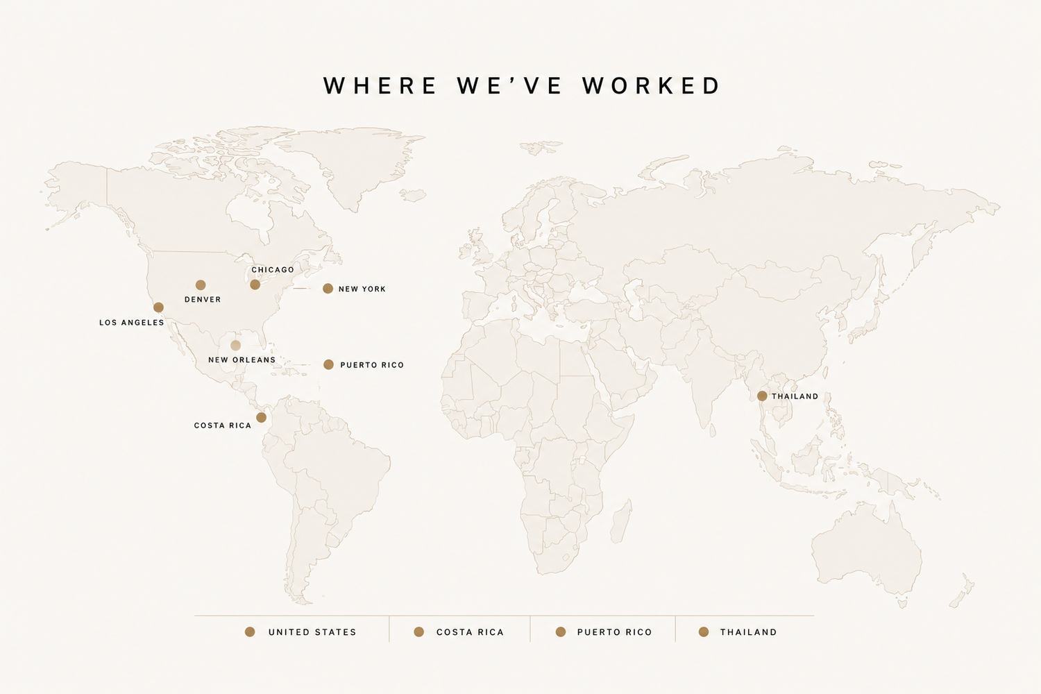 World map highlighting locations worked including United States, Costa Rica, Puerto Rico, and Thailand marked with pins.