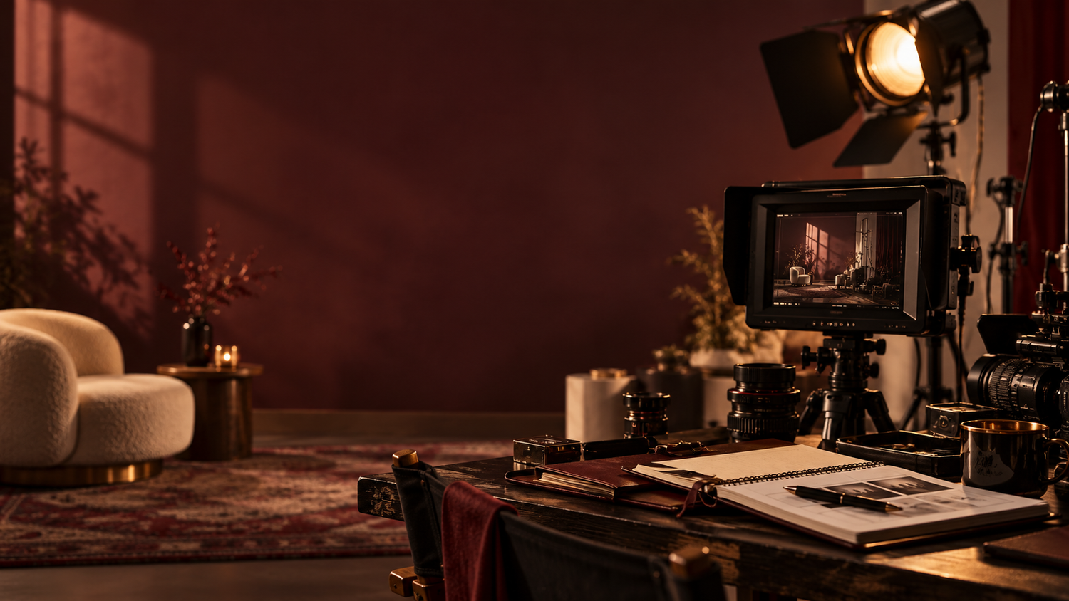 Moody film production studio with a camera monitor, spotlight and director's desk beside a cream armchair against a deep burgundy wall.