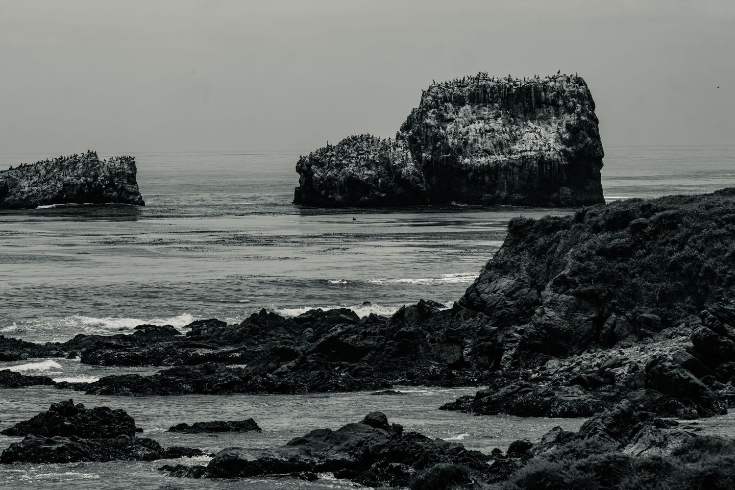 Dramatic black and white seascape featuring two large rock formations rising from the ocean near rocky shore.