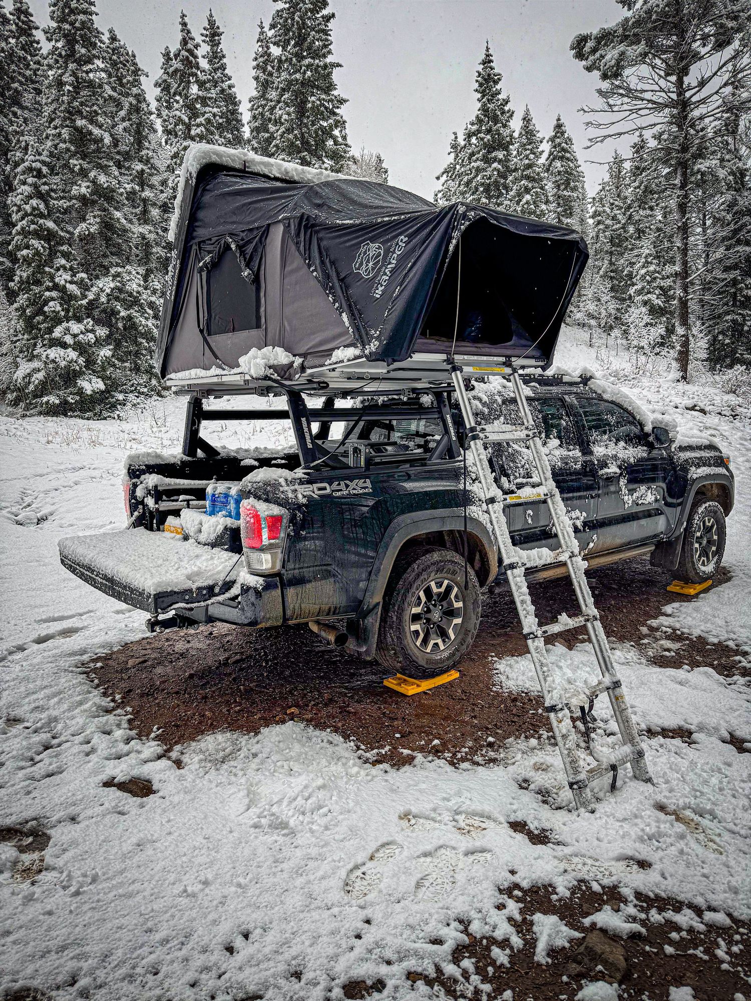 Truck with rooftop tent open in a snowy winter forest campsite with ladder.