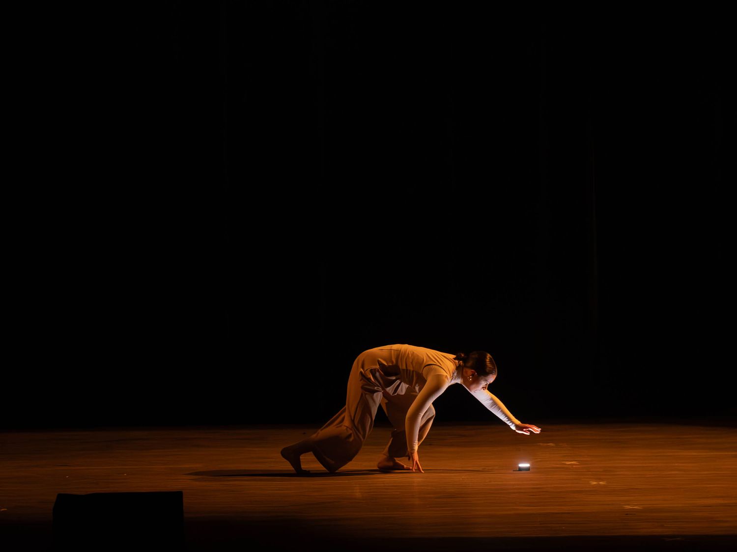 A dancer performs on a dimly lit stage, crouching low with one hand reaching toward a small light on the floor.