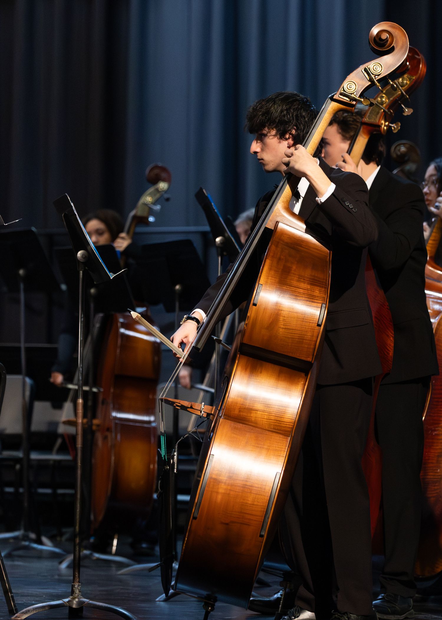 A young musician plays a double bass during an orchestral concert performance on stage.