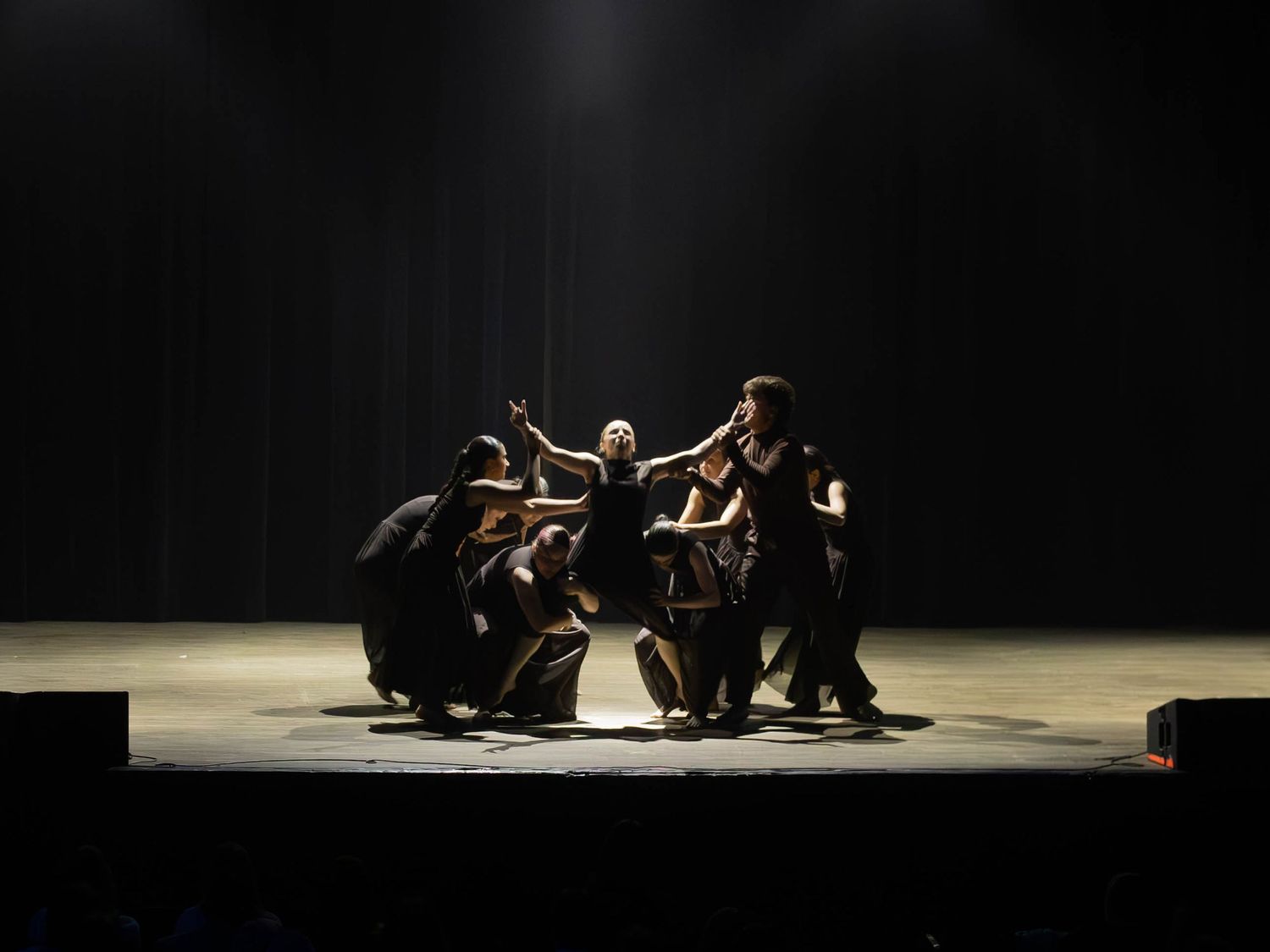 Dancers in black costumes perform a dramatic group pose under a spotlight on a dark theater stage.