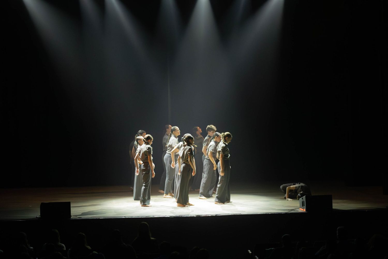 A group of dancers performing on a dramatic stage under a single spotlight in a dark theater.