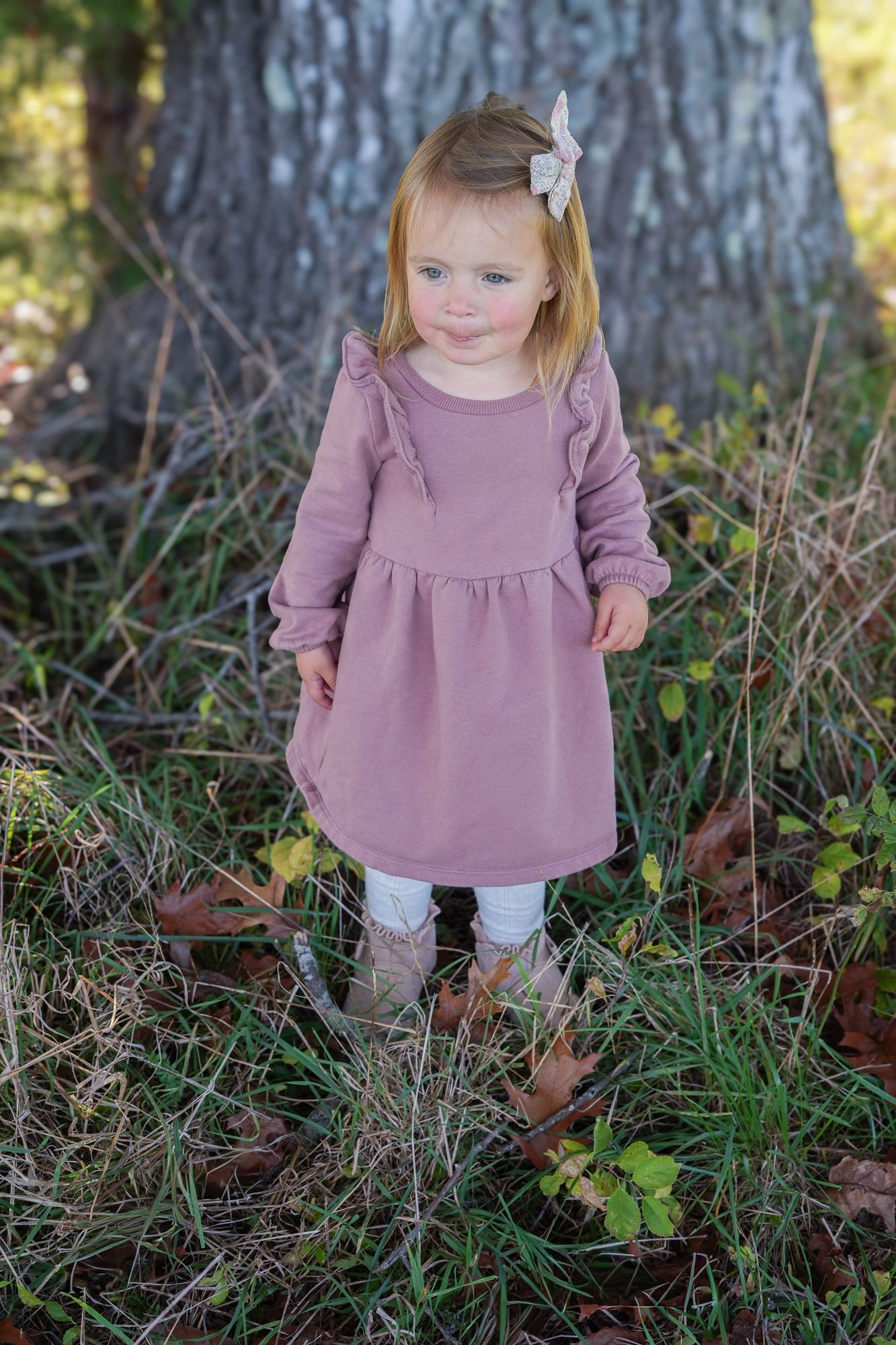 Toddler girl in mauve ruffle dress with white leggings and boots standing outdoors near a tree.