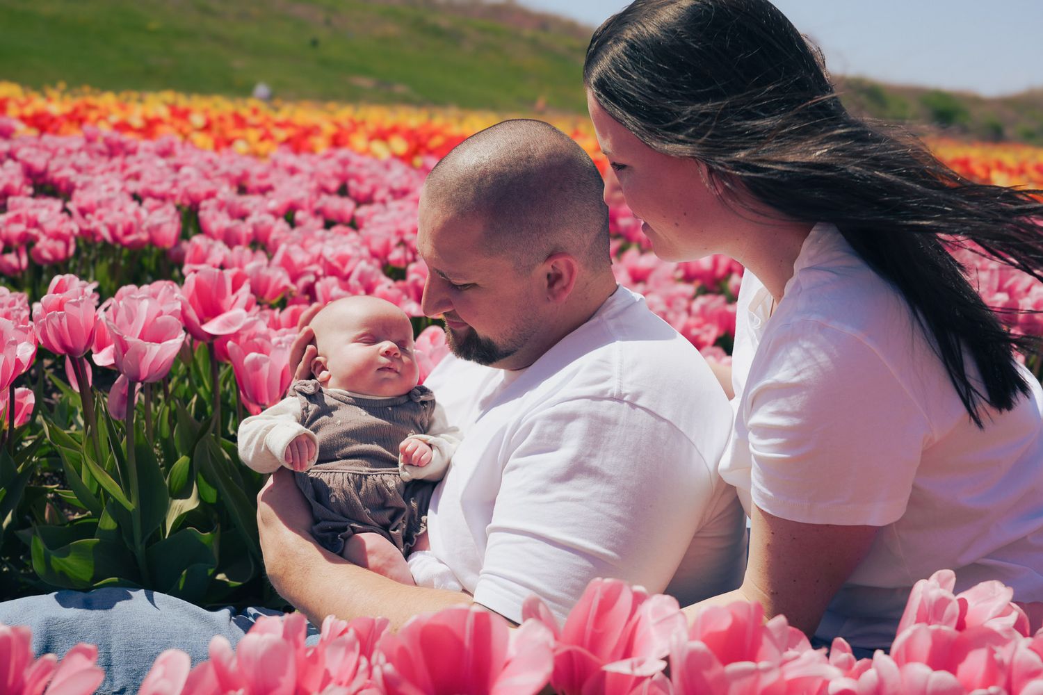 A father gently kisses his newborn baby while sitting with his partner in a pink tulip field.
