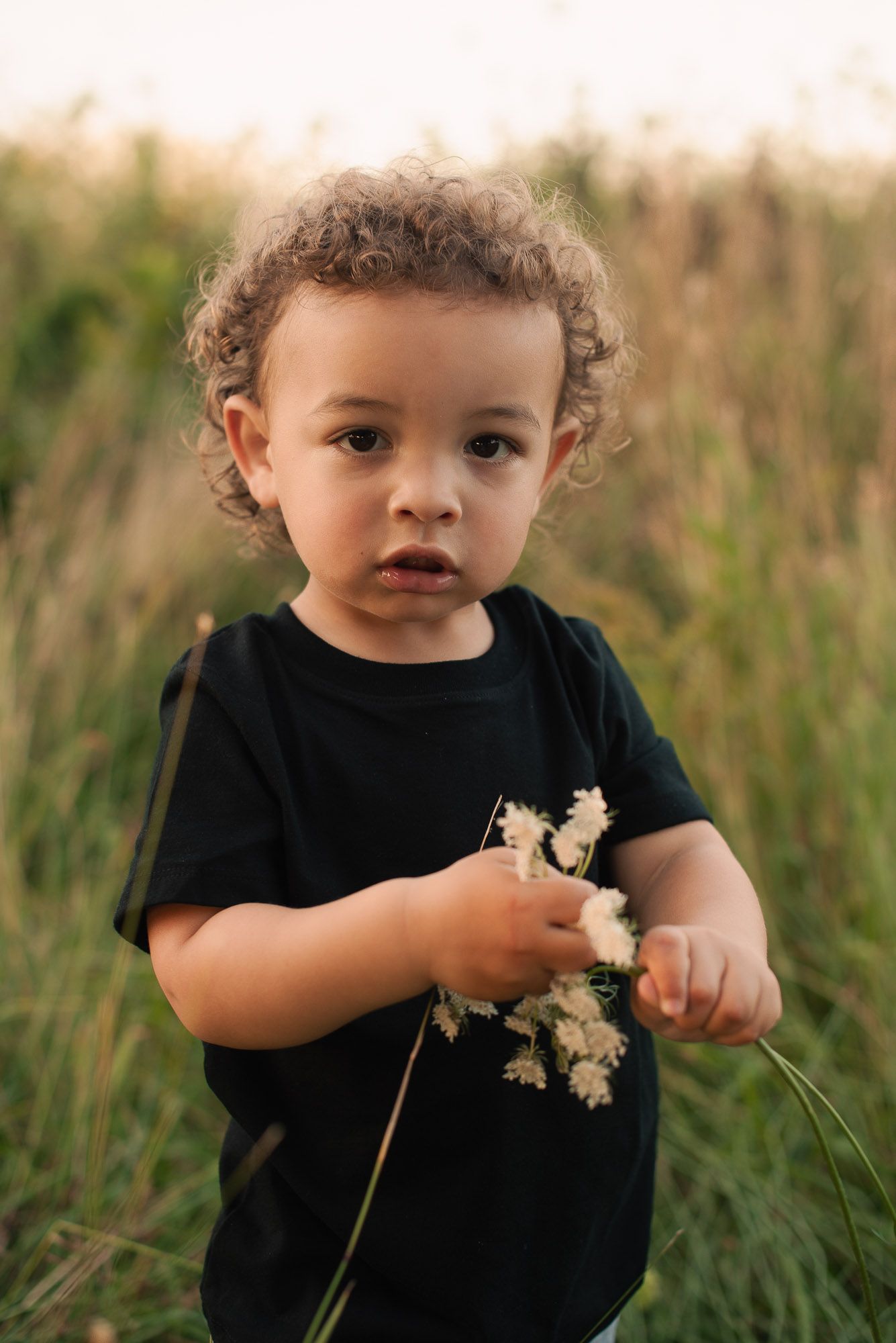 Cute curly-haired toddler boy in black shirt holding wildflowers in a field.