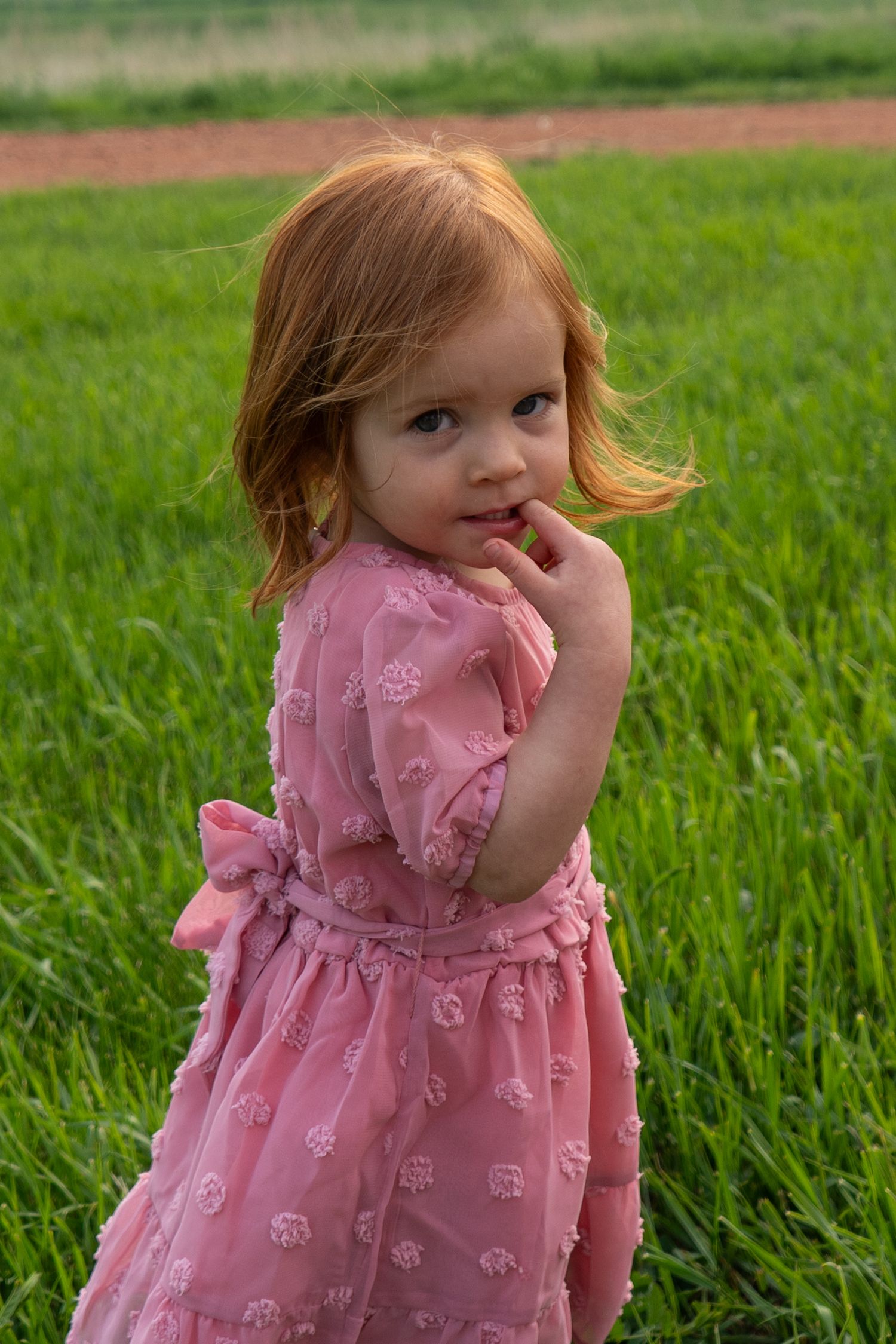 Young girl in pink dress with bow standing in a lush green grass field.