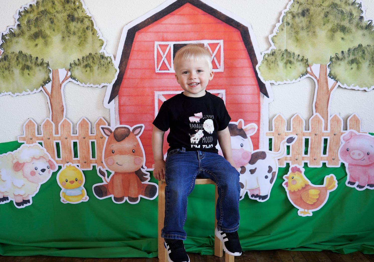 Smiling toddler boy in black farm shirt sits in front of colorful barnyard backdrop with cartoon animals.