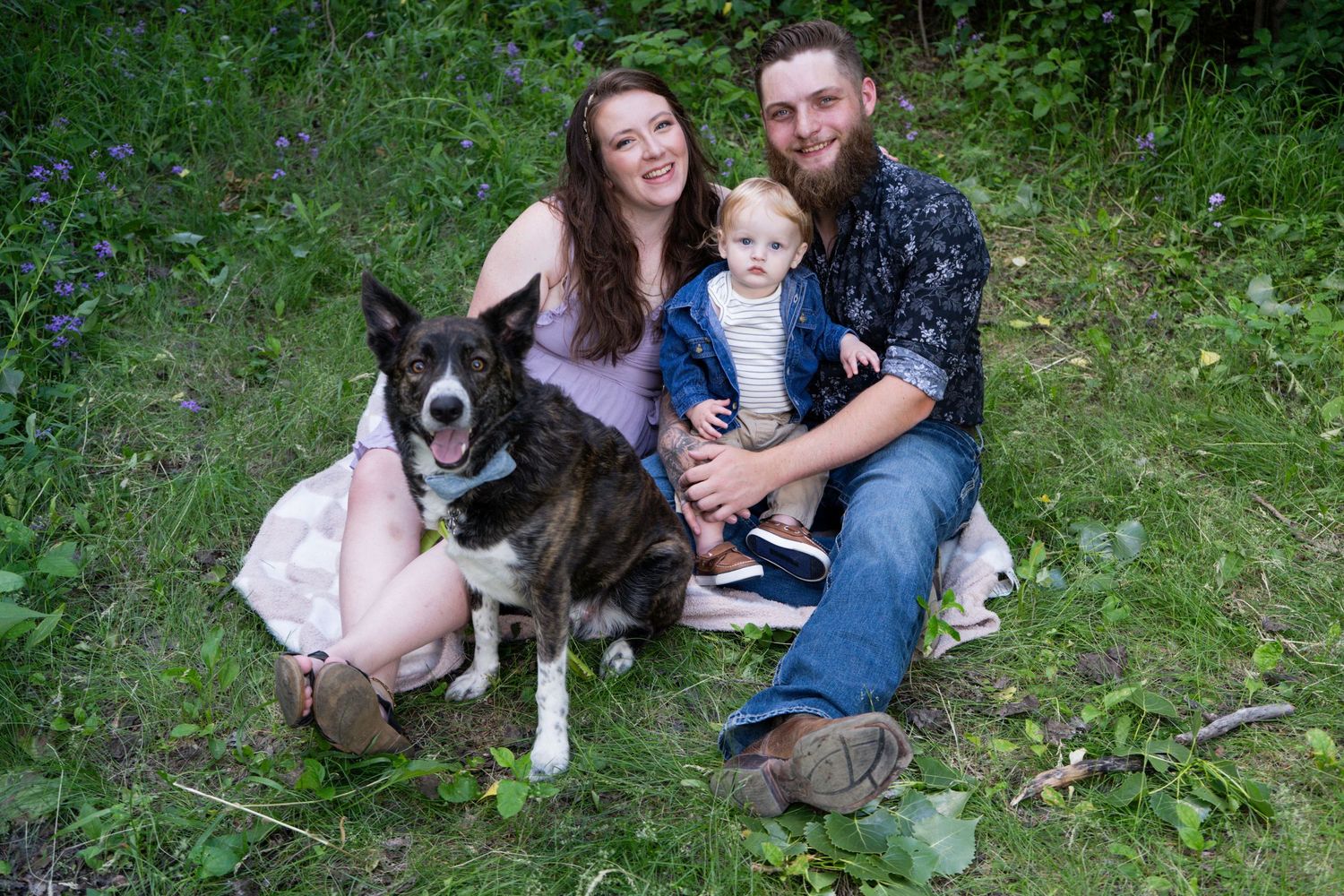 Young family with bearded father, mother, toddler, and border collie dog sit together in garden.