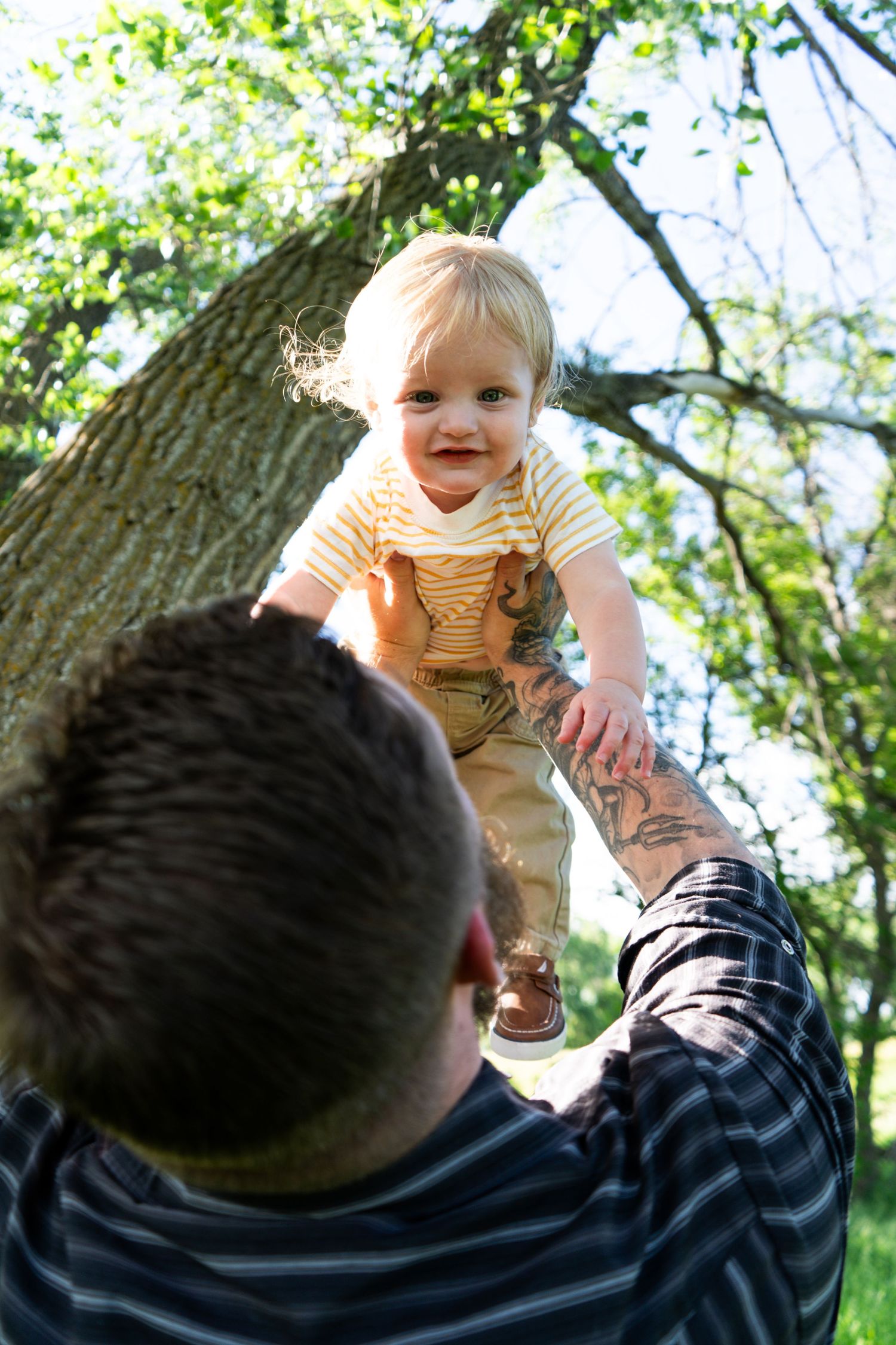 Father lifting smiling blond toddler boy into the air outdoors in a sunny green park setting.