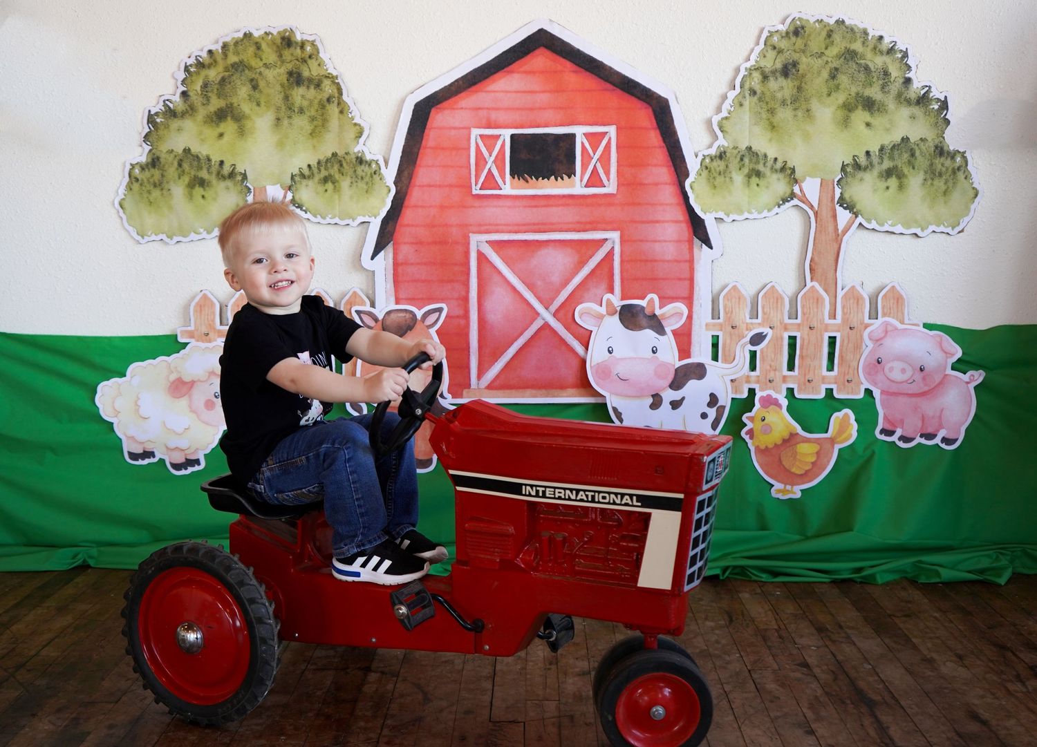 Cute toddler boy sitting on a red International pedal tractor in front of a farm-themed backdrop.