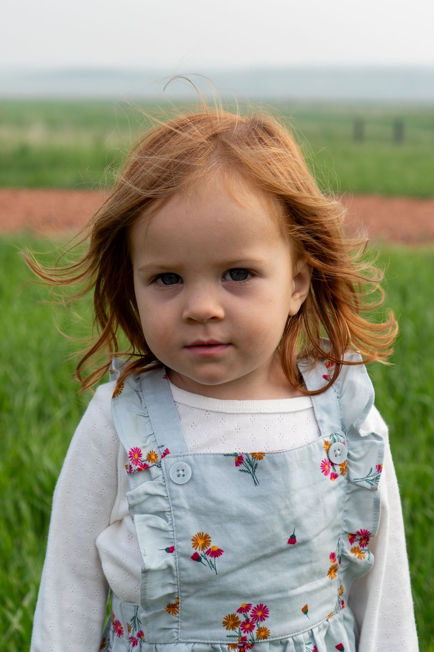 Toddler girl with red hair wearing a floral dress standing outdoors in a green field.