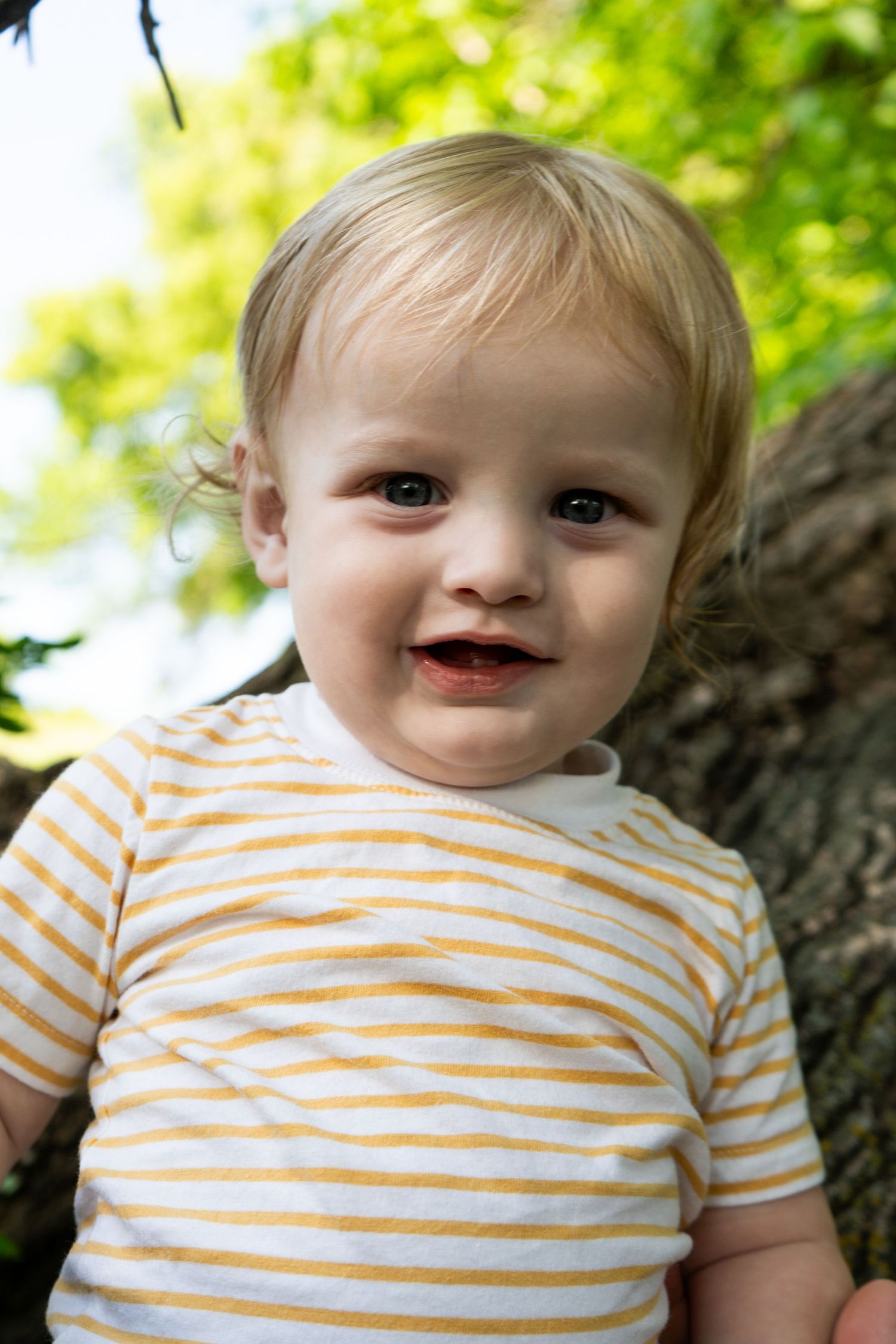 Close-up portrait of a happy blond toddler boy wearing a yellow and white striped shirt outdoors near a tree.