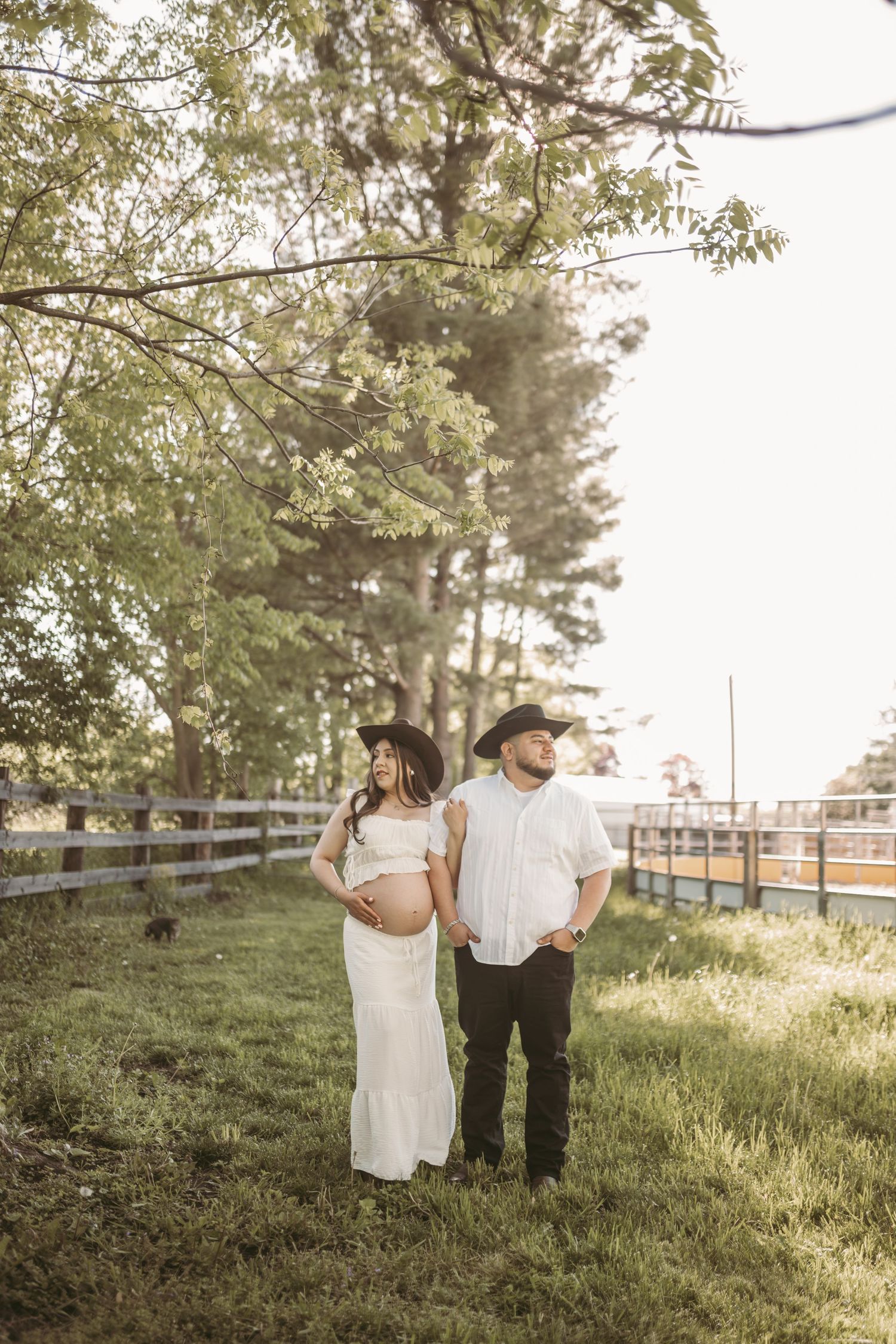 Romantic couple walking through sunlit field with wooden fence.