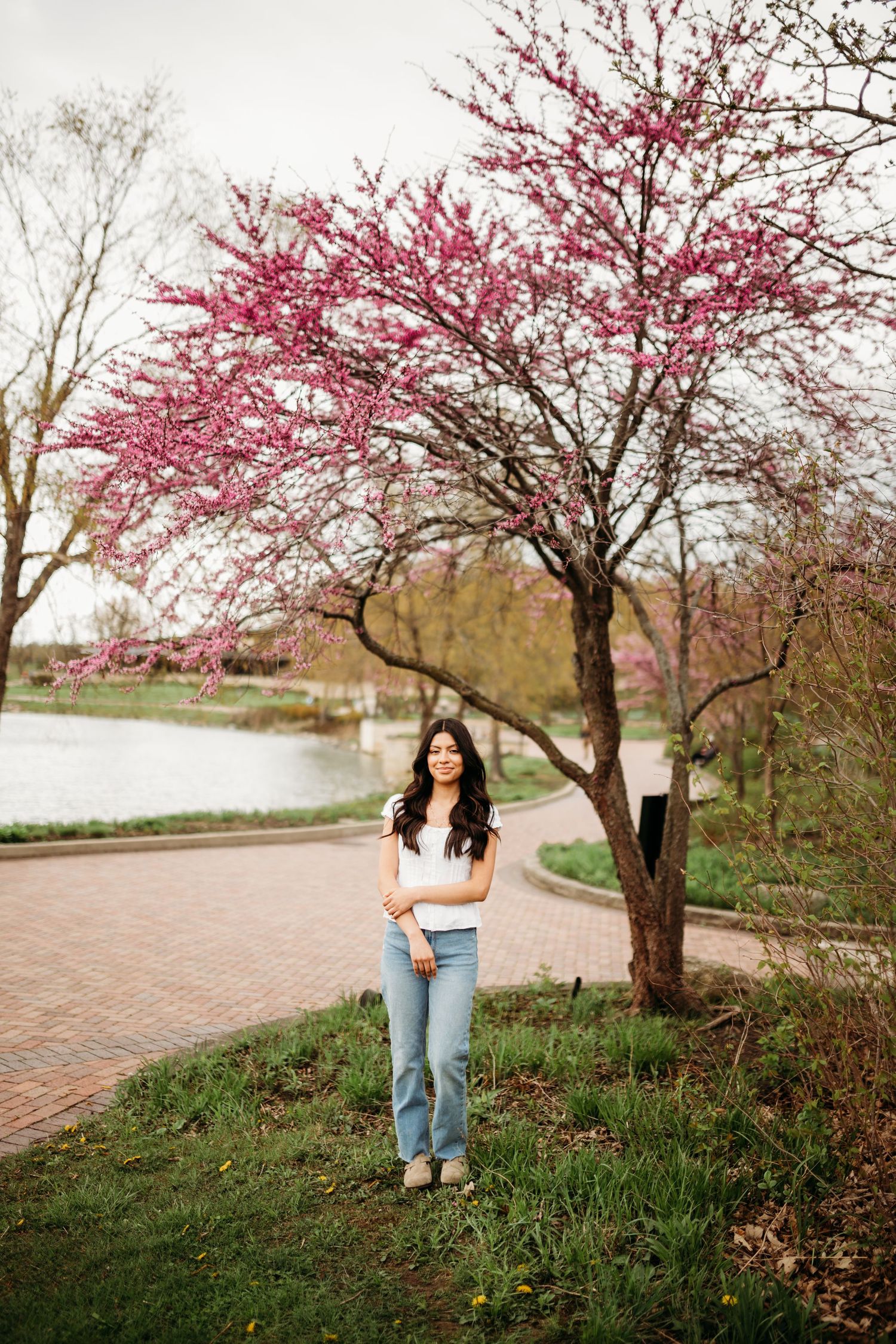 Spring engagement photos under blooming pink cherry blossom trees.