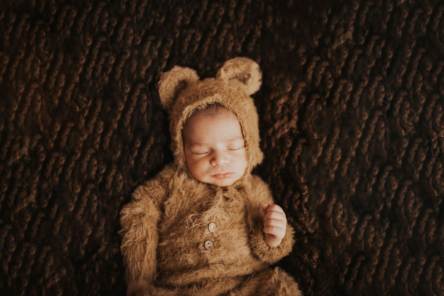 Newborn photography featuring soft brown teddy bear themed setting.