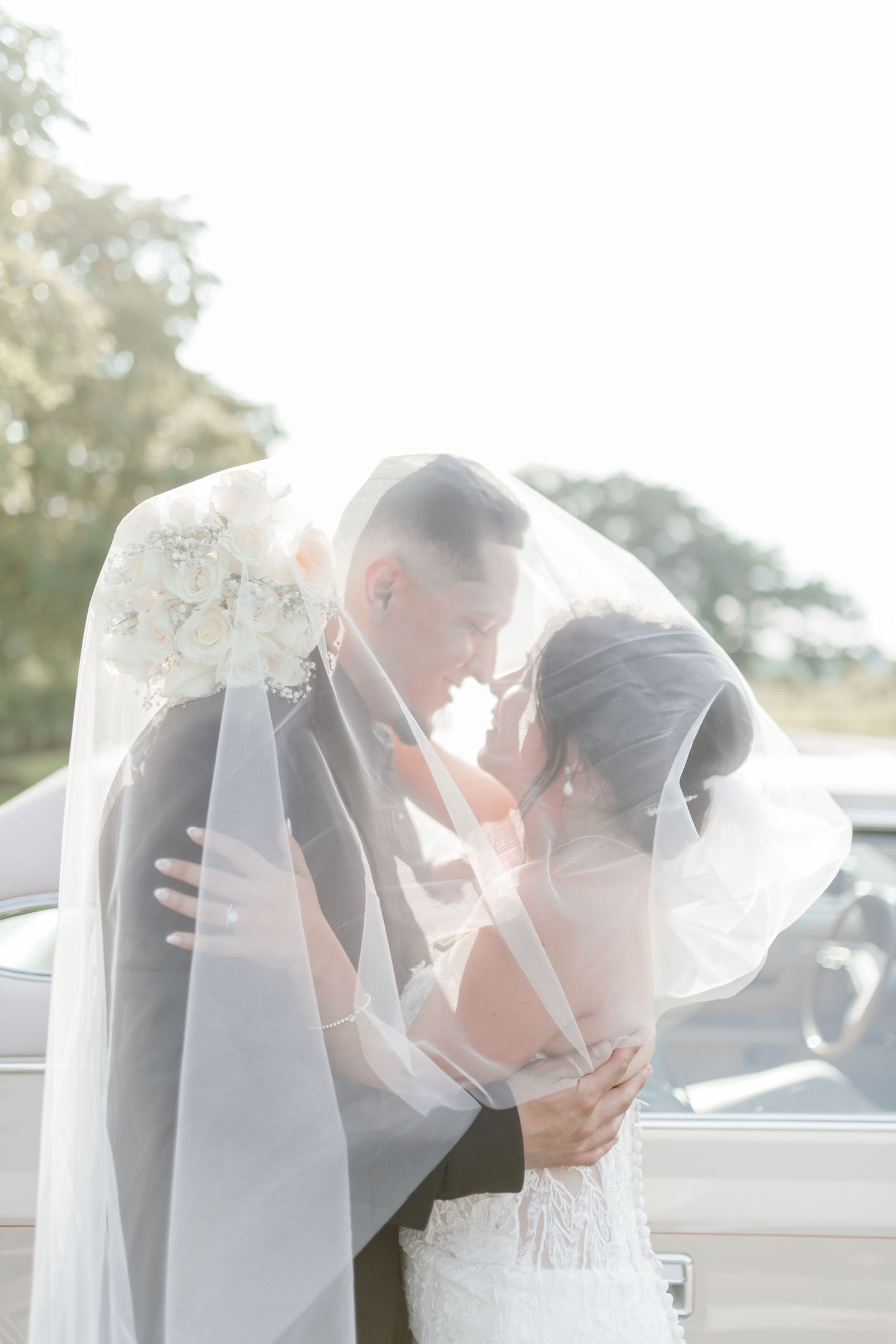 Romantic wedding portraits with sunlit backdrop and flowing white veil creating dreamy atmosphere.