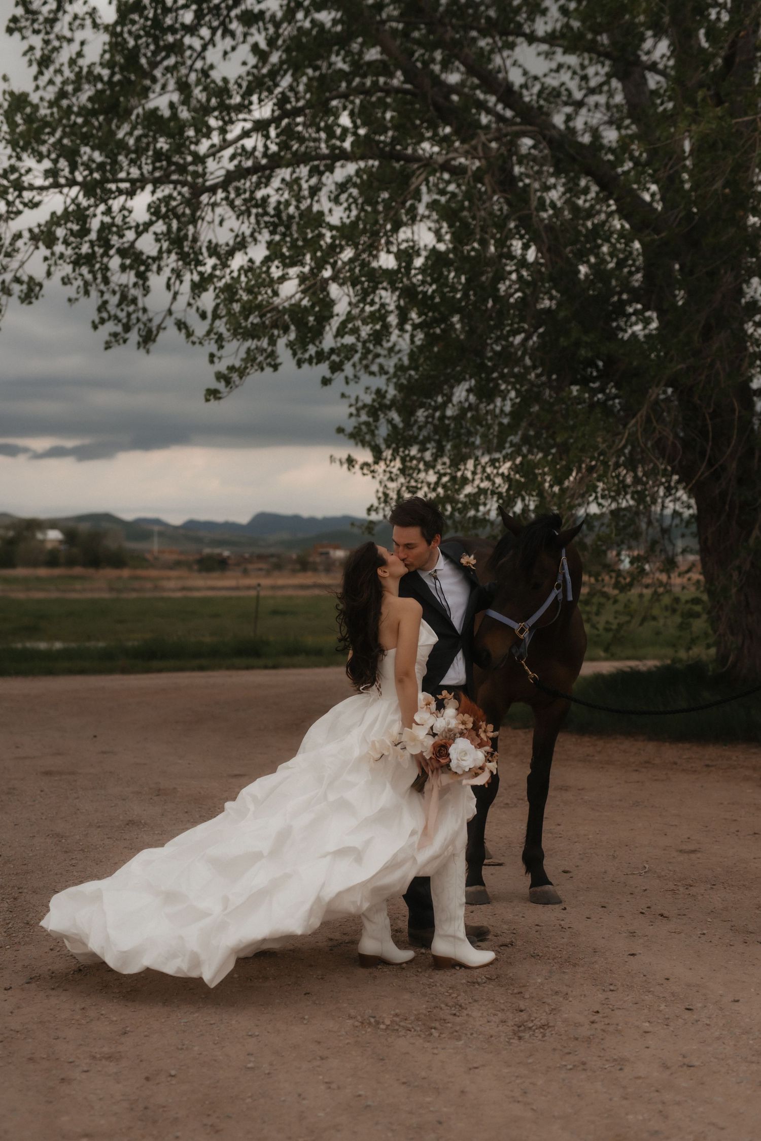 A wedding couple poses with a black horse in a rustic outdoor setting with mountains in the distance.