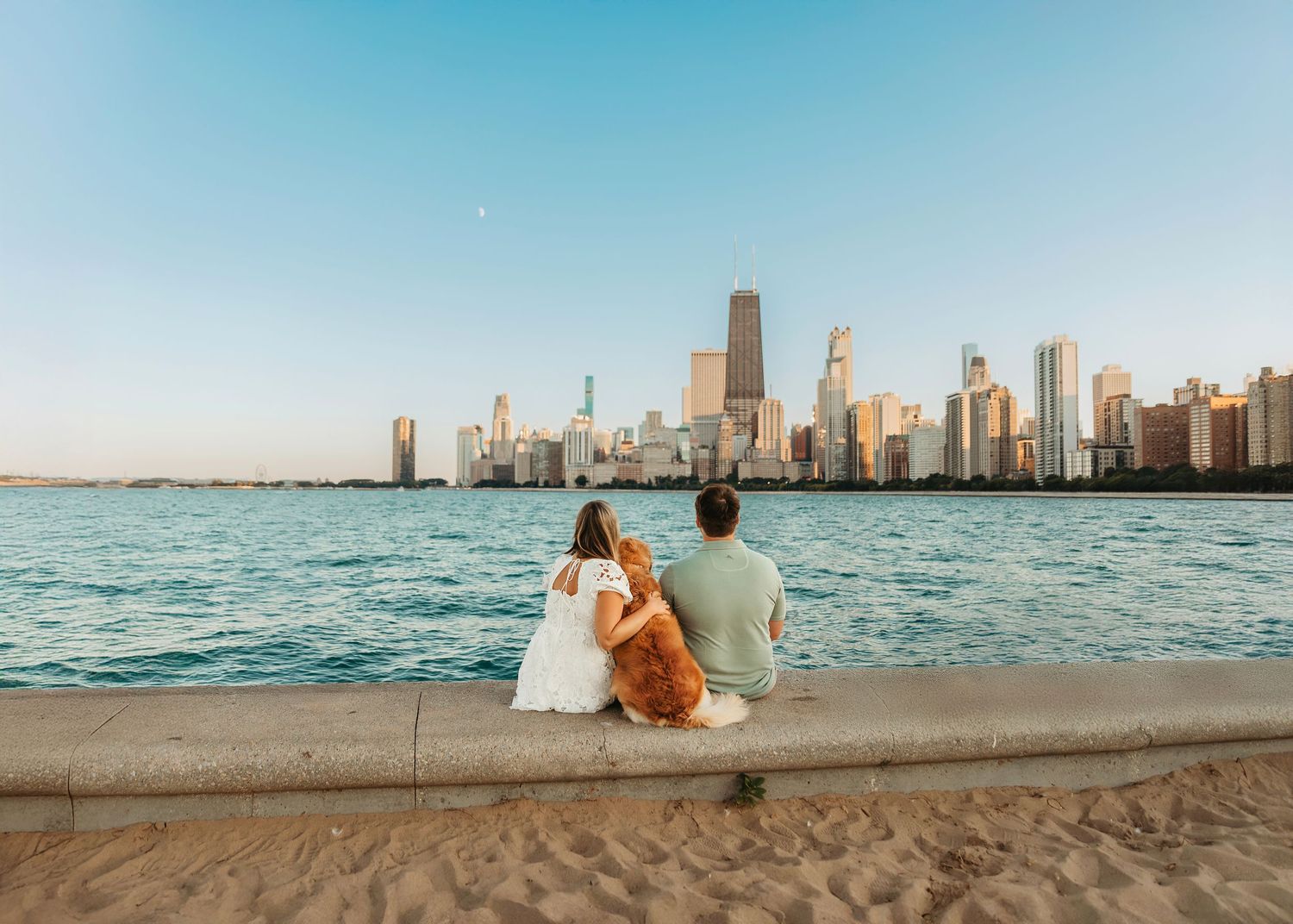 Couples Engagement Session with dog at North Avenue Beach in Chicago Illinois