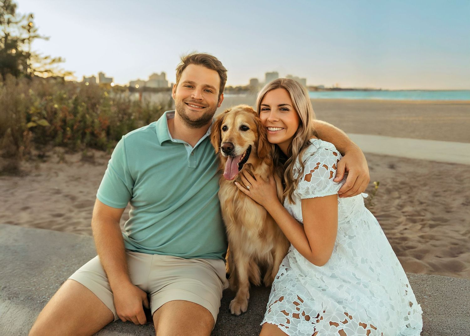 Couples Engagement Session with dog at North Avenue Beach in Chicago Illinois